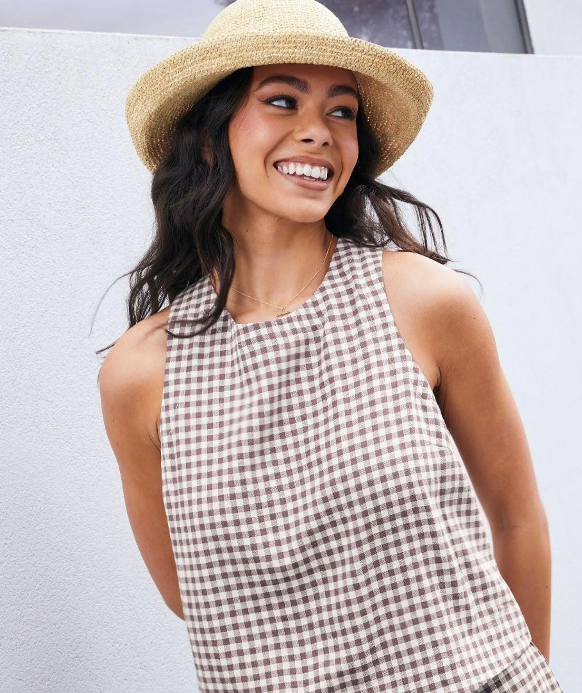 KERBIE LINEN BLEND SLEEVELESS GINGHAM TOP