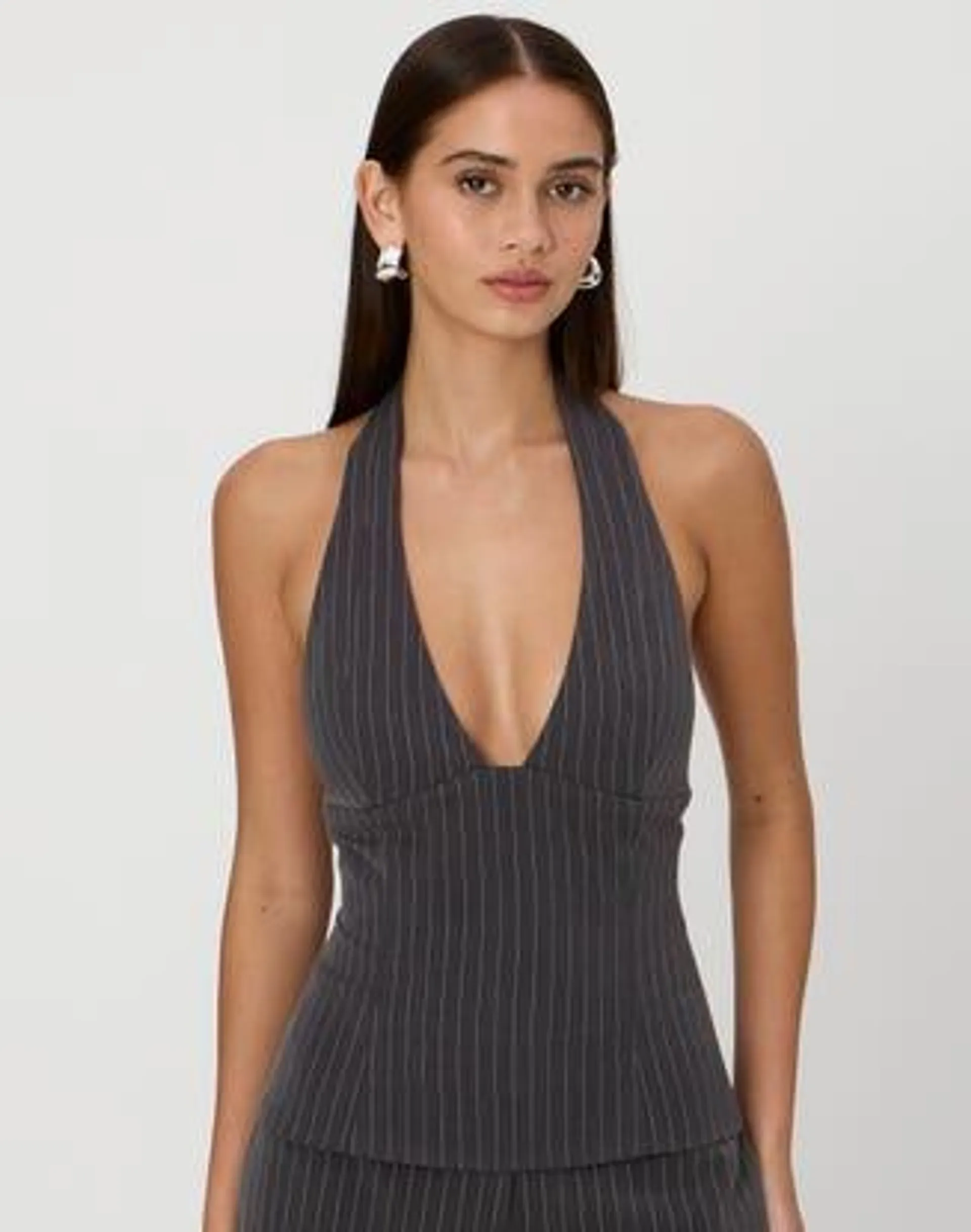 Tailored Pinstripe Backless Halter Top