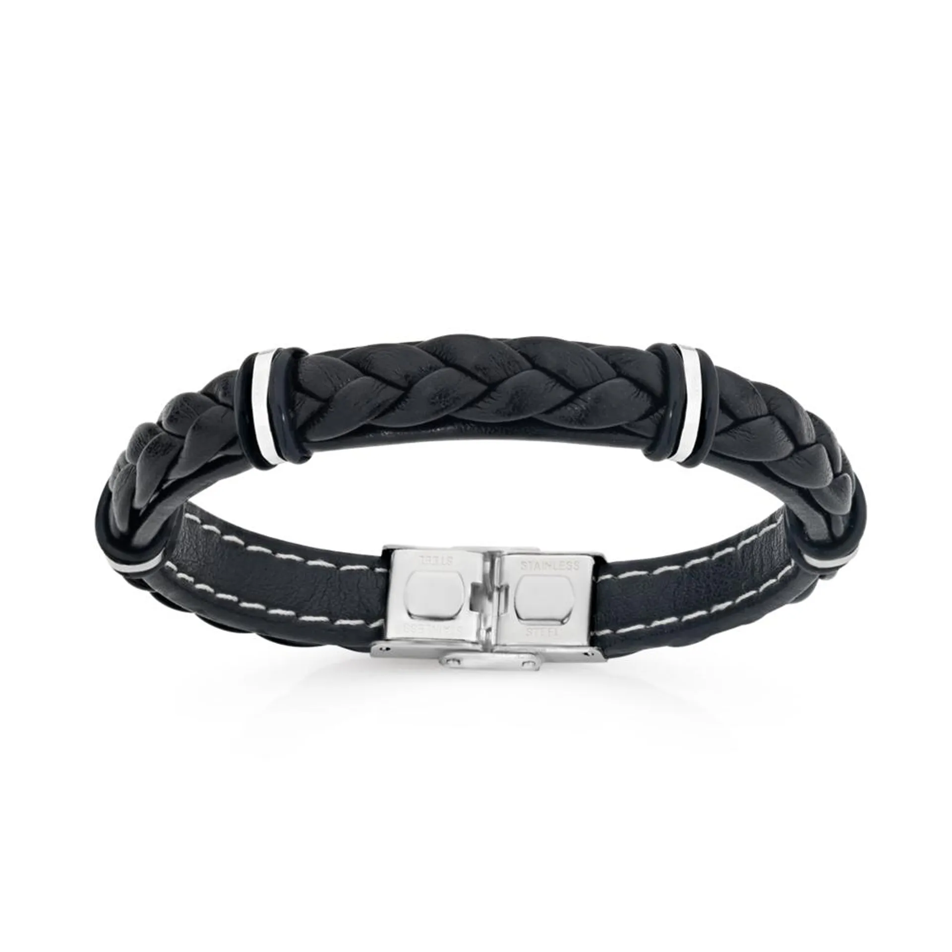 Stainless Steel Black Synthetic Leather Bar Bracelet