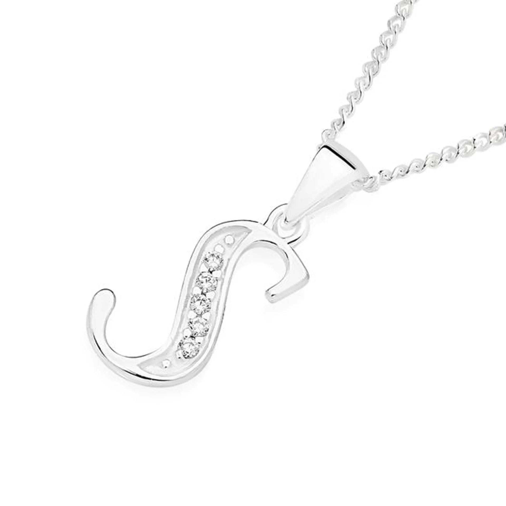 Initial S Letter Pendant in Sterling Silver with CZ