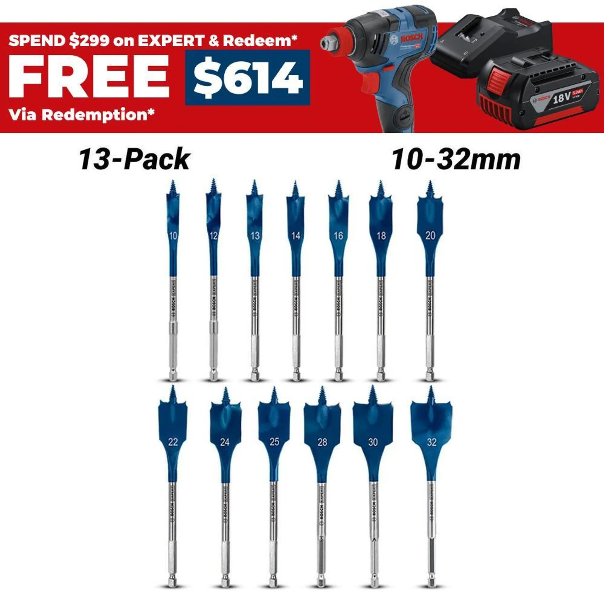 Bosch 2.608.900.336 EXPERT 13pce 10mm-32mm Self Cut Speed Spade Drill Bit Set