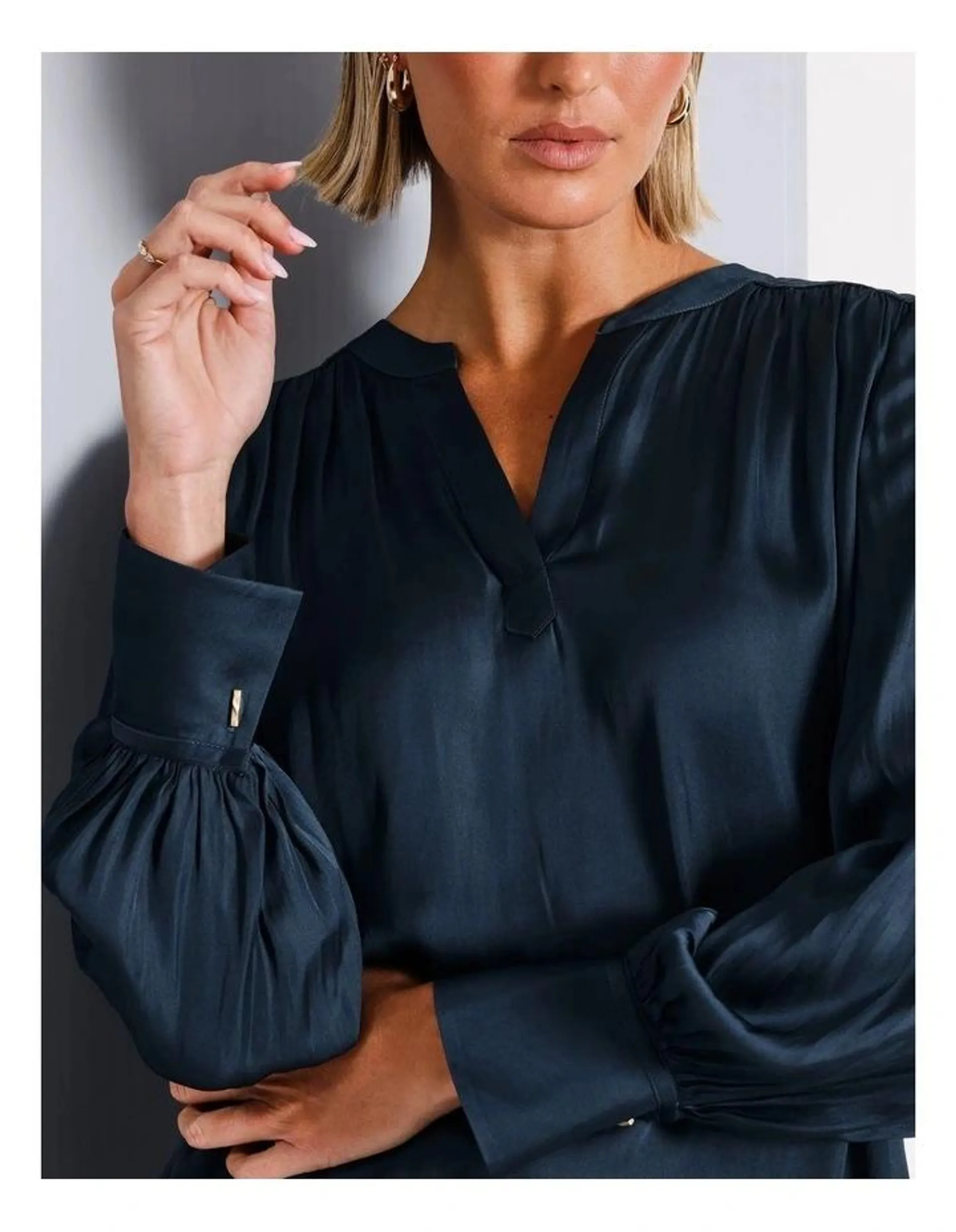 Recycled Polyester V-Neck Satin Blouse in Airforce