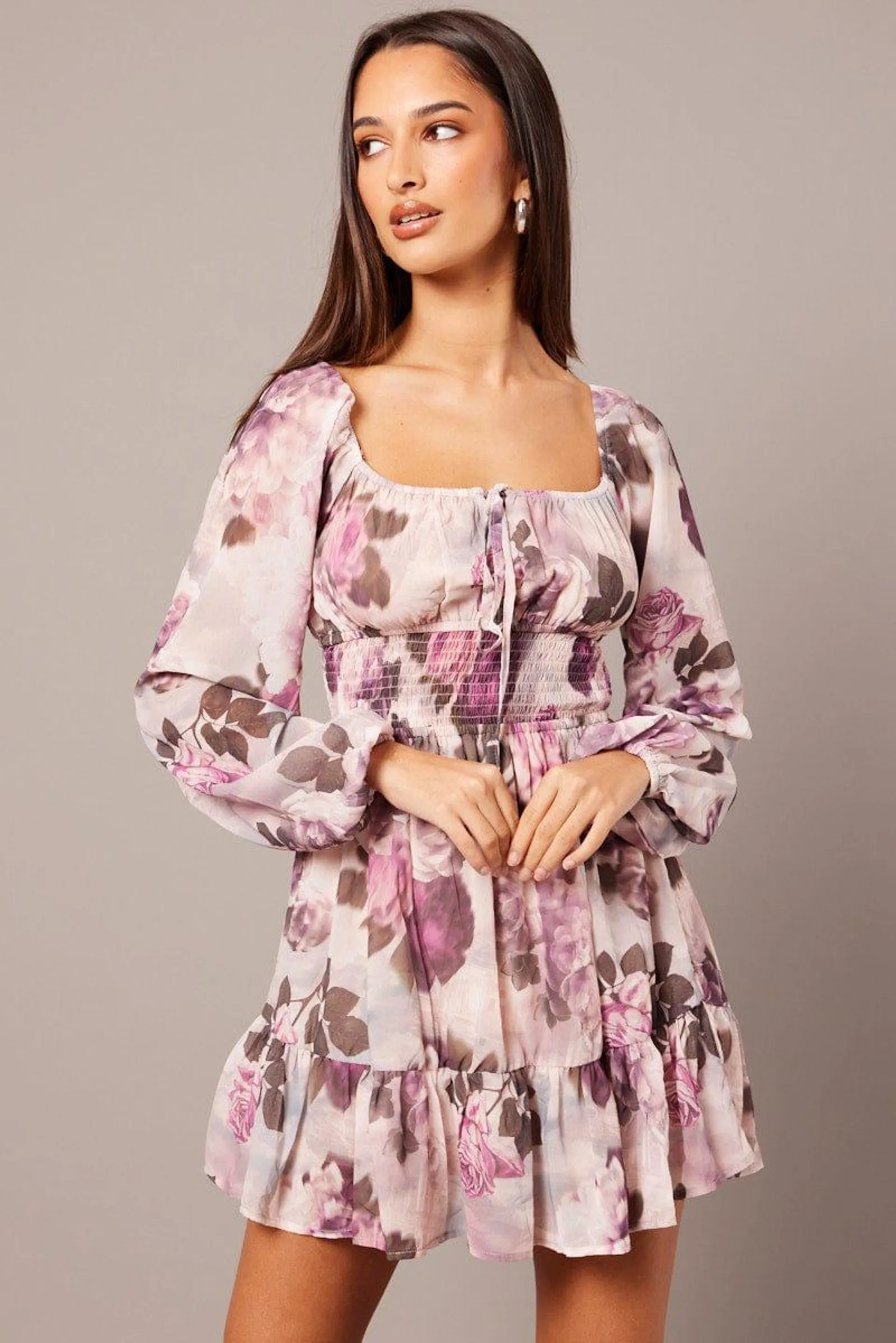 Pink Floral Fit and Flare Dress Long Sleeve Ruched Bust