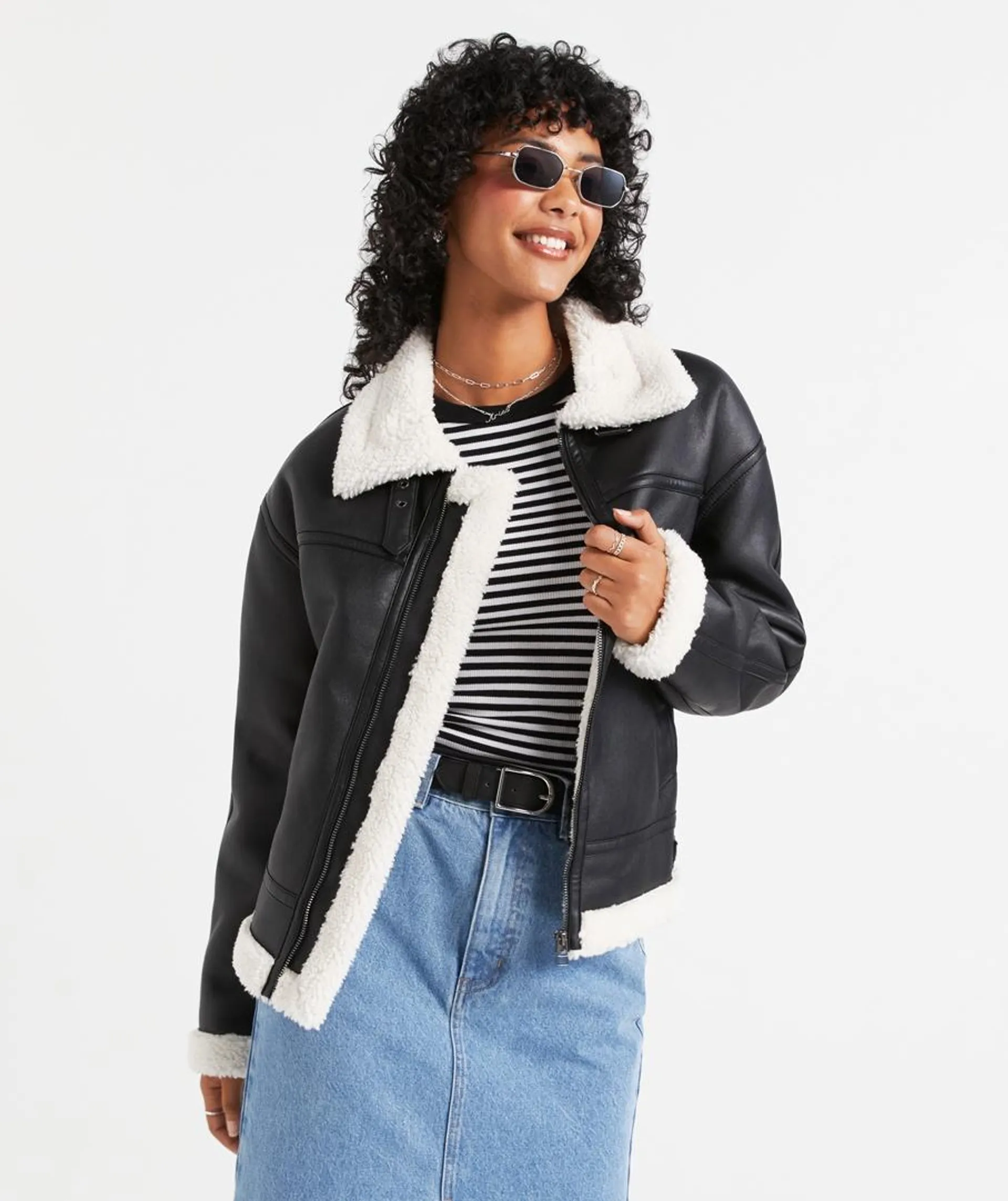 EDITH FAUX SHEARLING AVIATOR JACKET