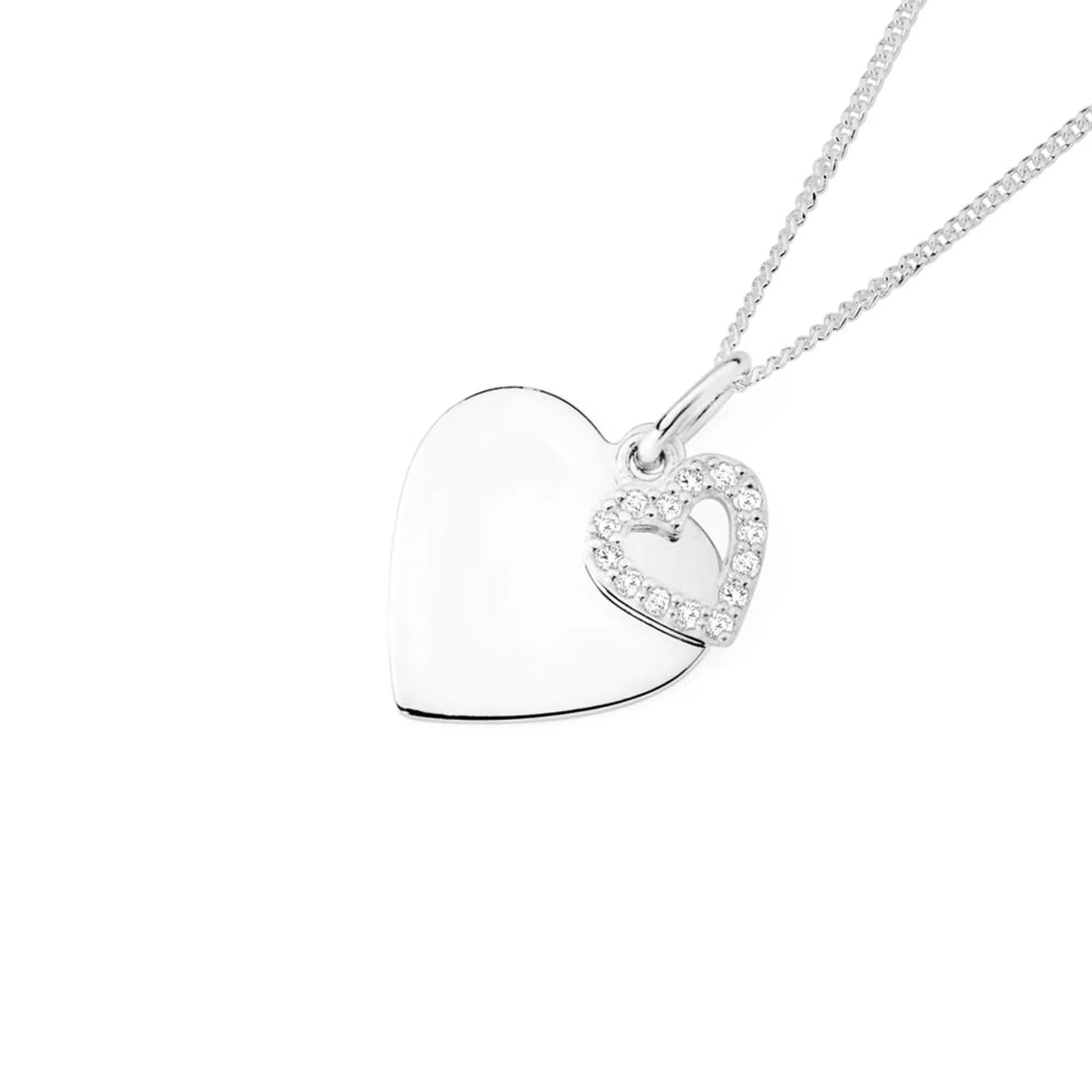 Sterling Silver Heart Disc and Cubic Zirconia Heart Pendant