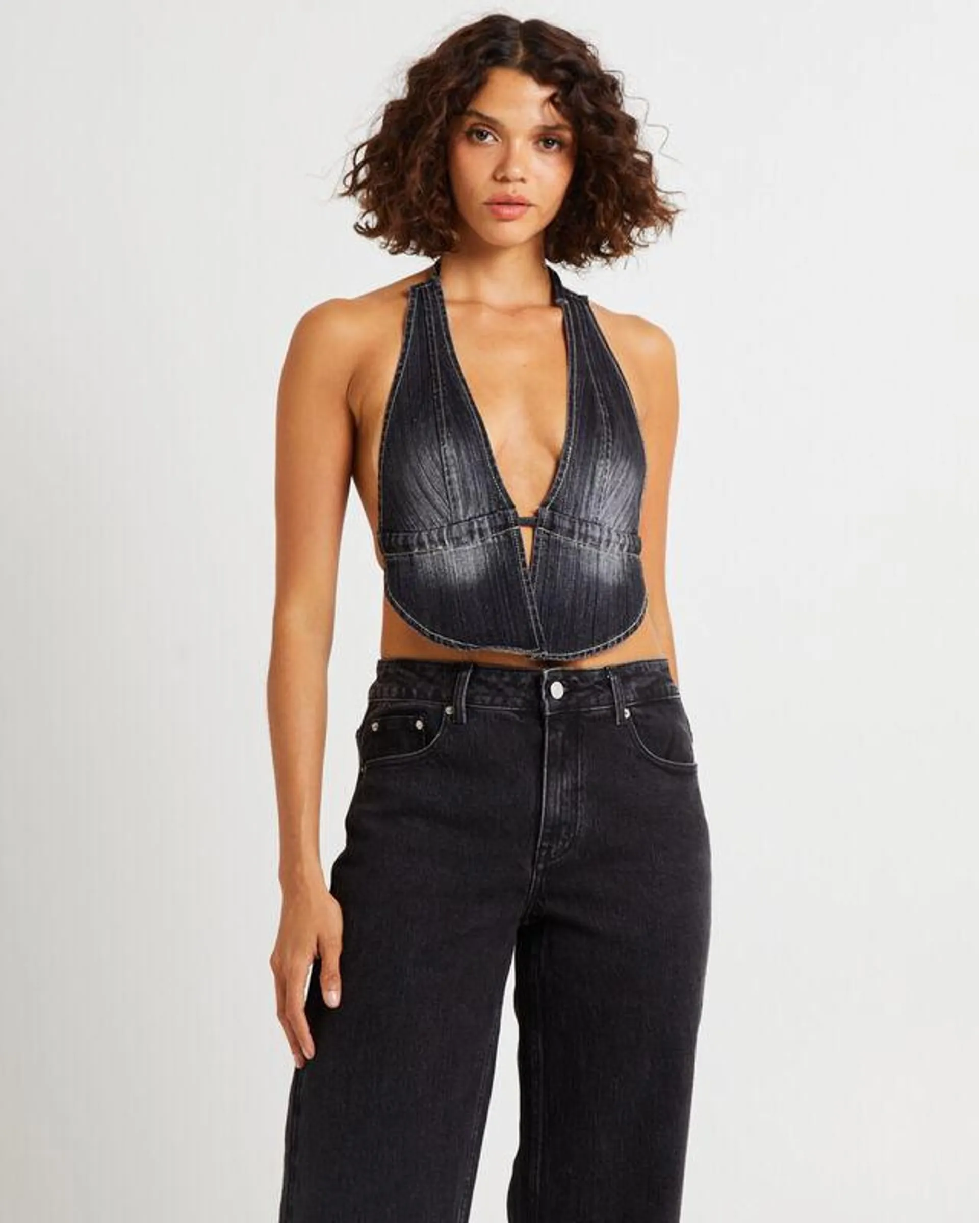 Trinity Denim Halter Top Charcoal Tint