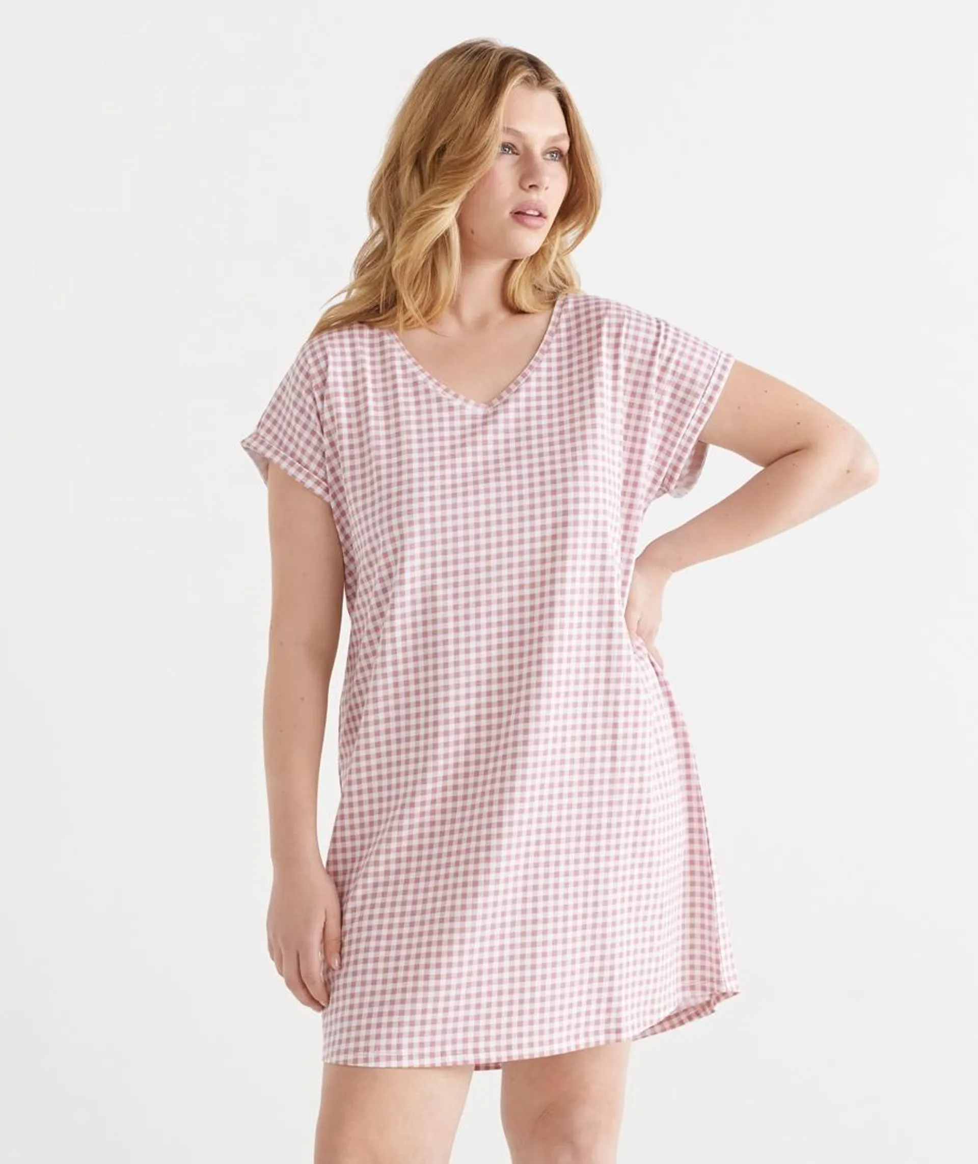 Australian Cotton V-Neck Gingham Short Sleeve Nightie