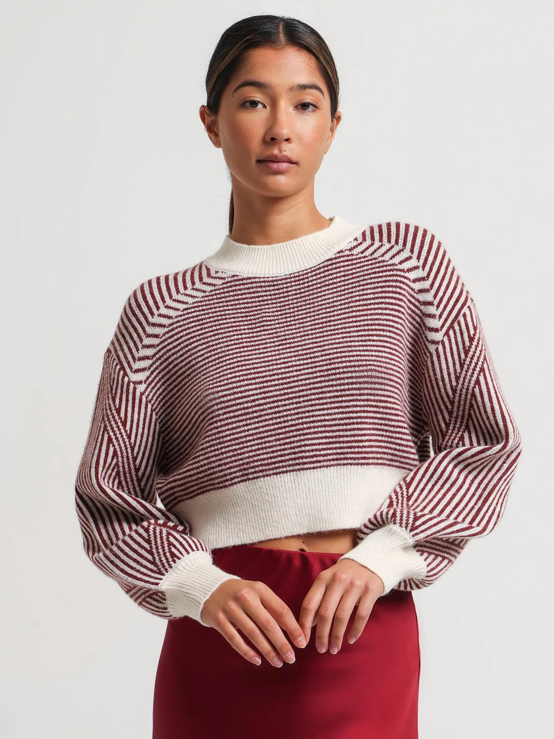 Ava Contrast Jumper in Merlot & Cream