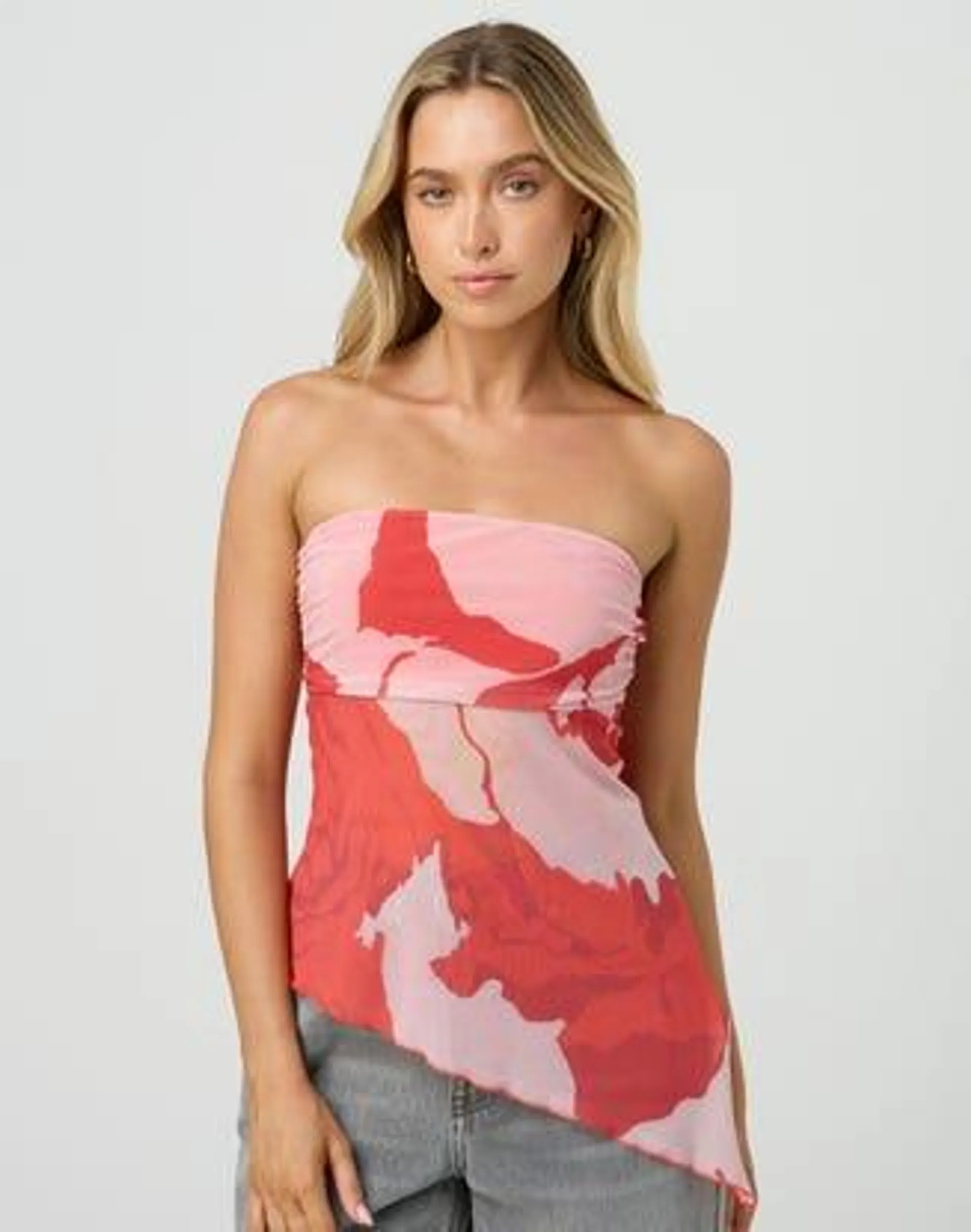 Asymmetric Strapless Print Top