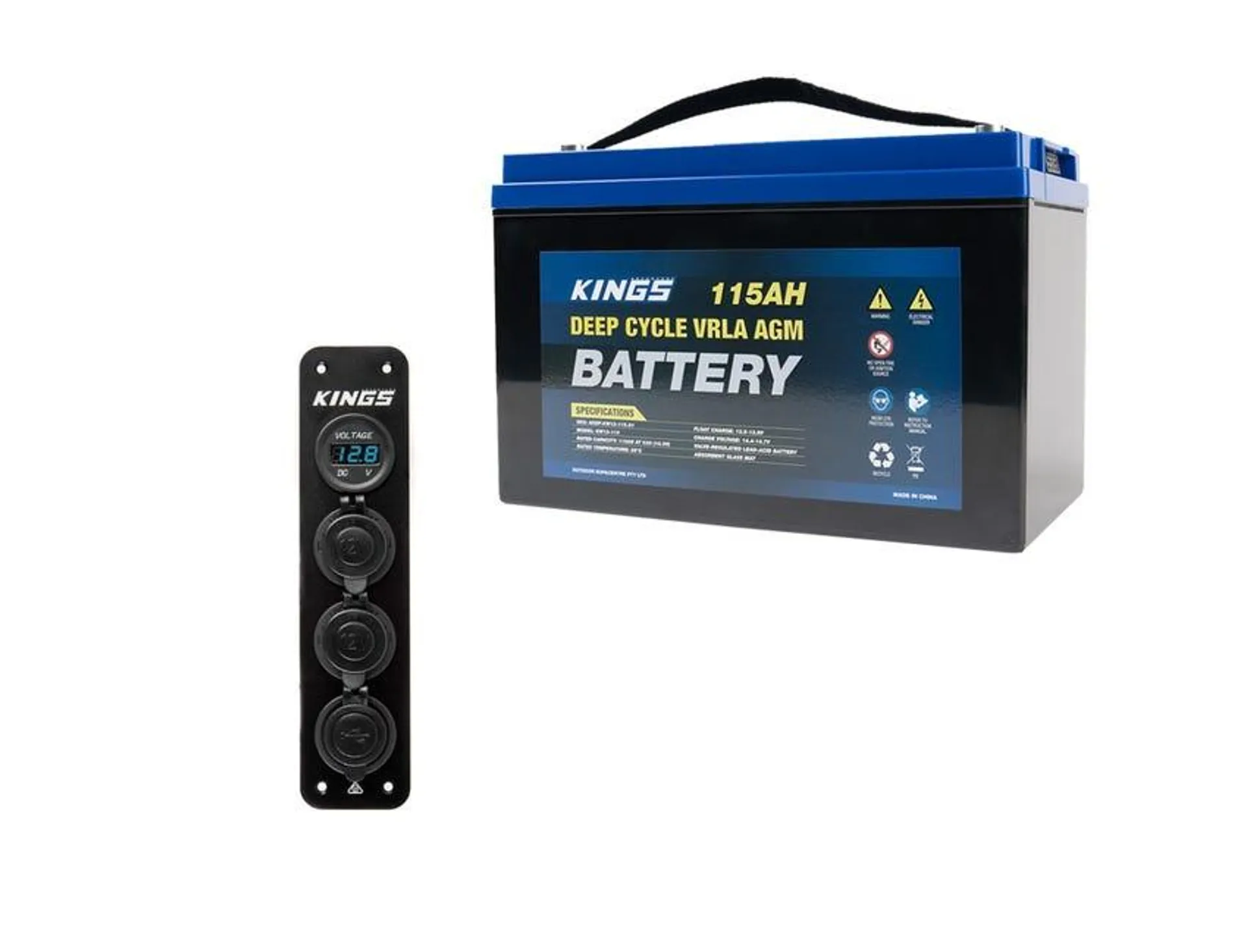 Kings 12V 115Ah Deep Cycle Battery + 12V Accessory Panel