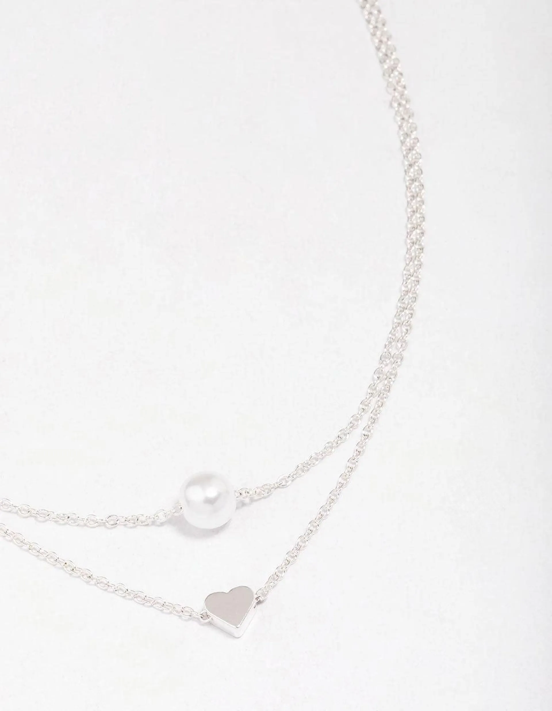 Silver Double Chain Pearl Heart Necklace