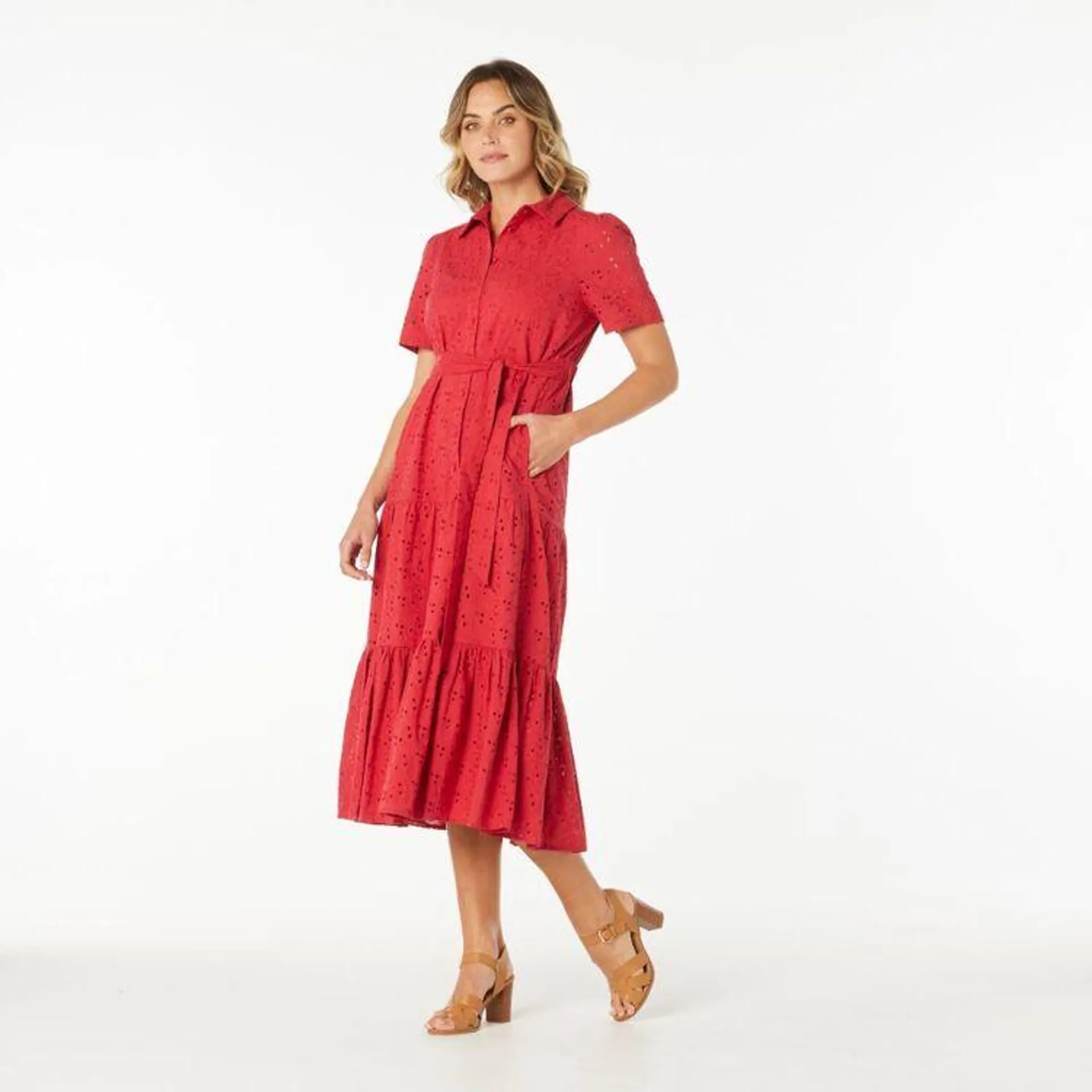 Khoko Edition Women's Broderie Shirtmaker Midi Dress Red