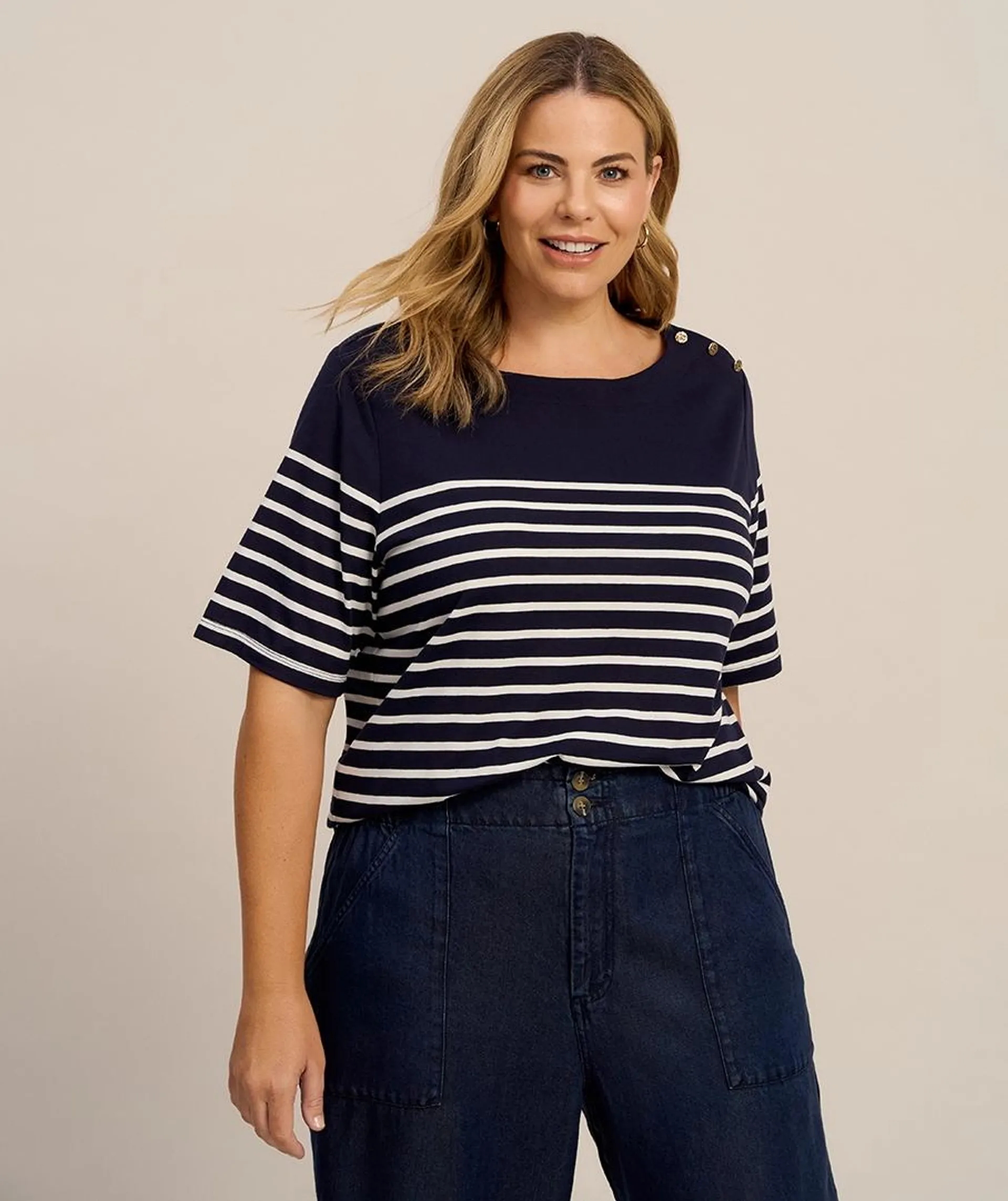 Button Shoulder Stripe Tee