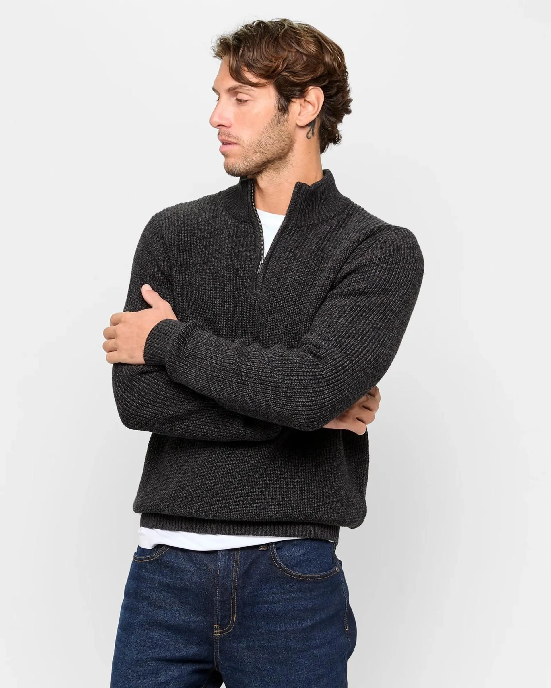 Australian Cotton 1/2 Zip Knit Jumper - Black