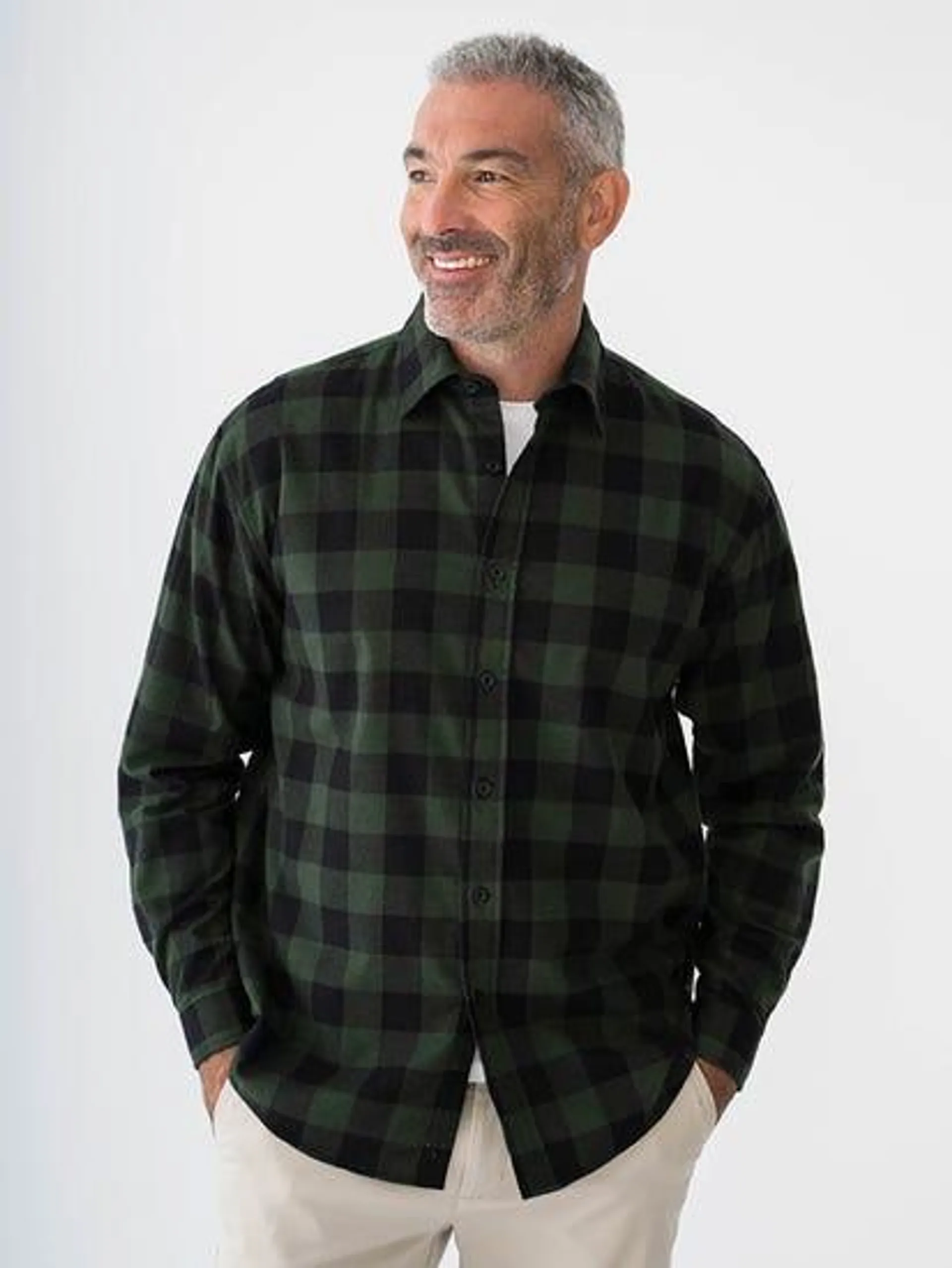 Long Sleeve Buffalo Check Flannel Shirt Green Black