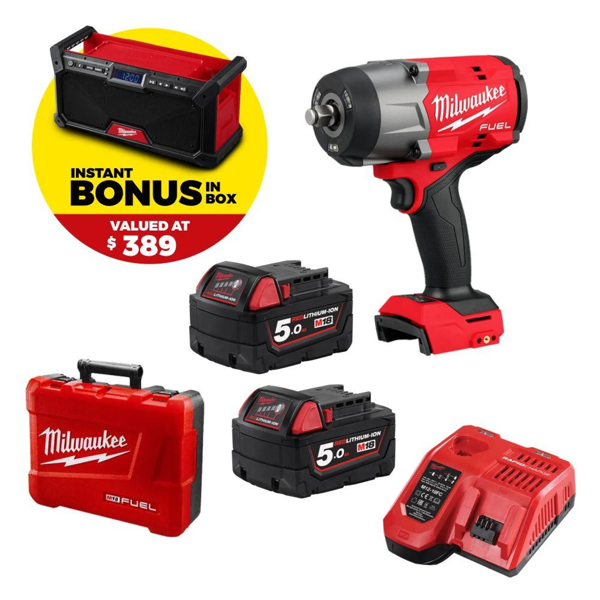 Milwaukee M18FPP2AT2BD502C 18V 5.0Ah Li-ion Cordless Fuel 1/2" Drive High Torque Impact Wrench with Friction Ring Combo Kit