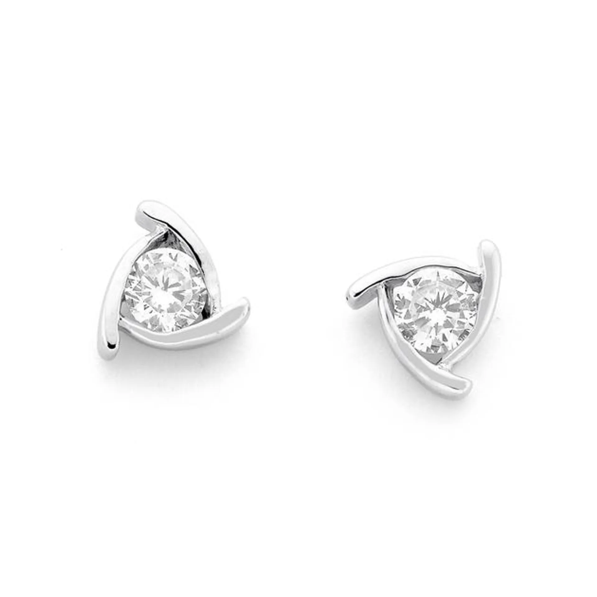 Silver Cubic Zirconia Three Side Stud Earrings