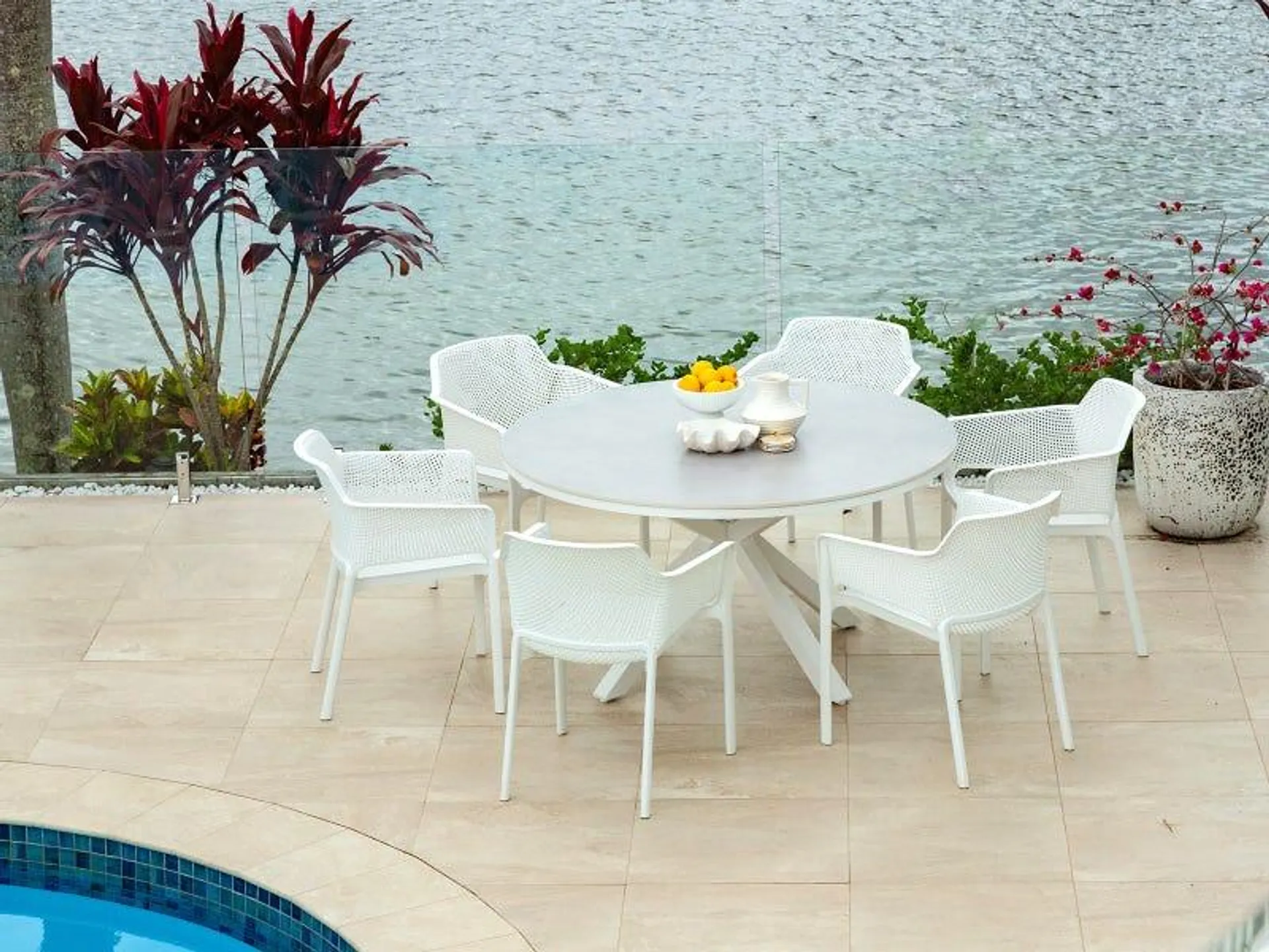 Adele Round Ceramic Table with Bailey Chairs 7pc Outdoor Dining Setting