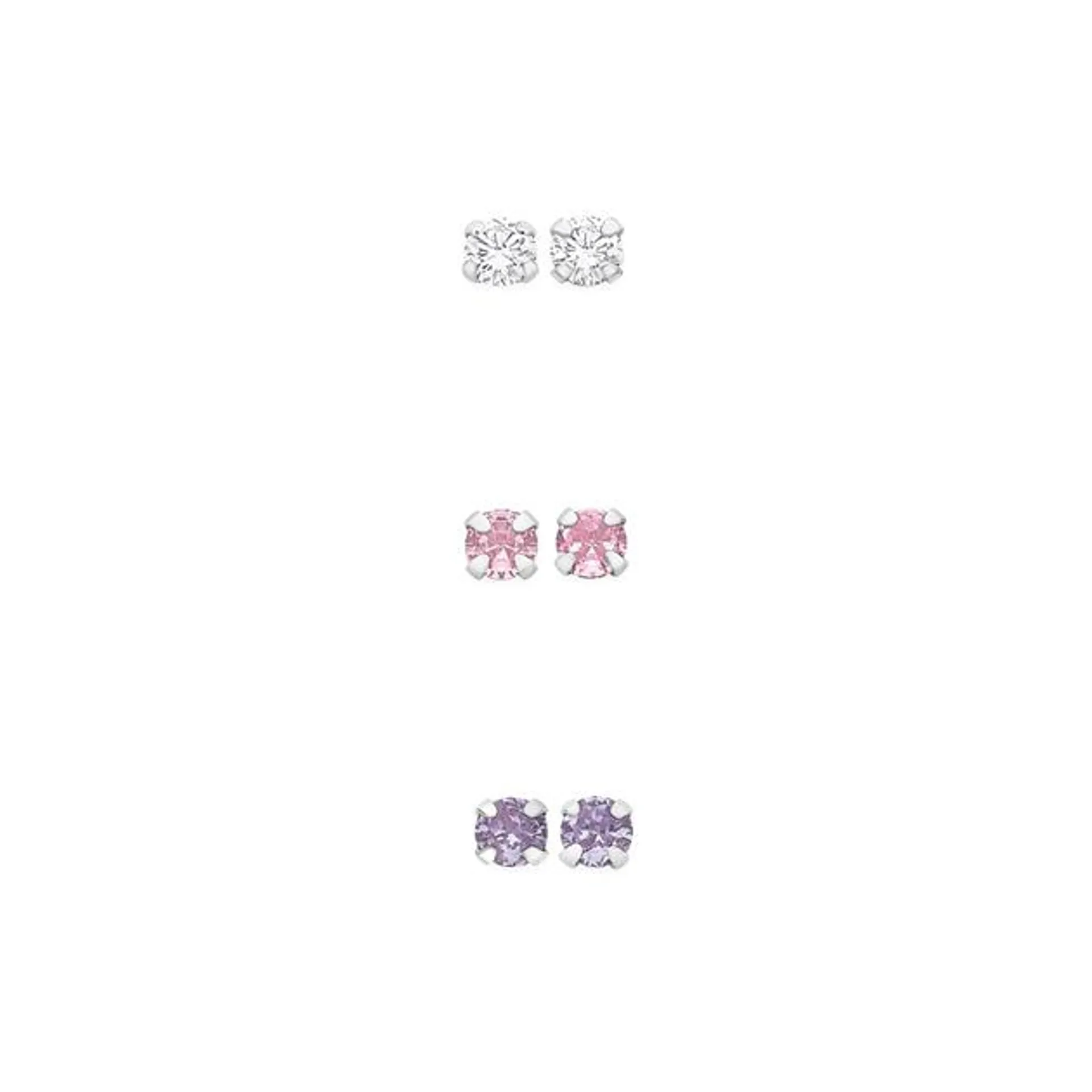 Silver White, Purple & Pink Cubic Zirconia Stud Earrings Set