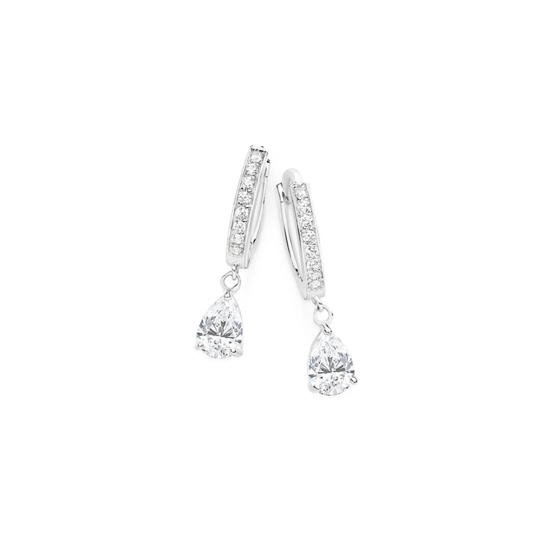 Silver CZ Huggies With Pear CZ Drop Earrings