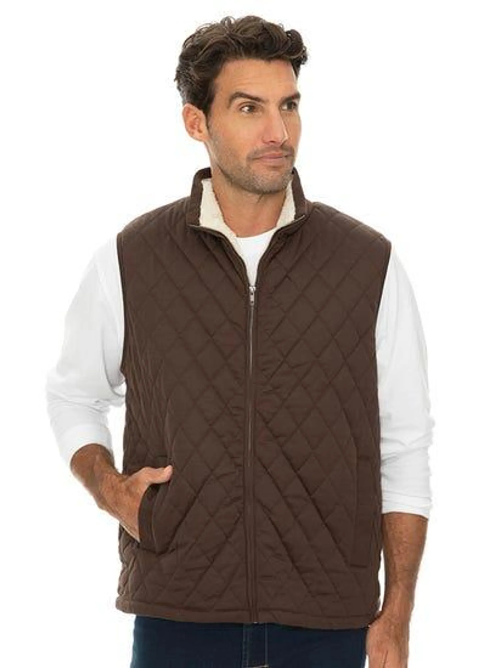 Mens Zip Front Quilted Sherpa Lined Vest Brown