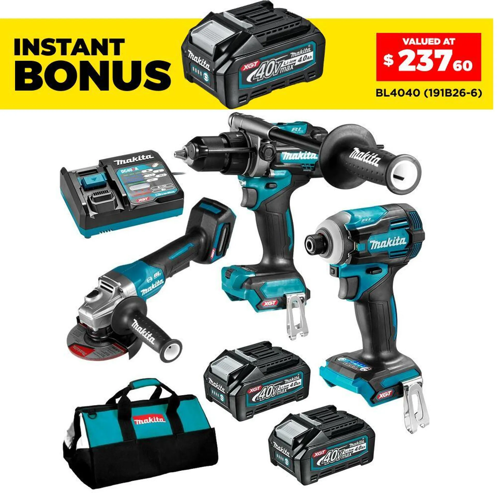 Makita DK0141G301 40V Max 4.0Ah Li-ion XGT Cordless Brushless 3pce Combo Kit