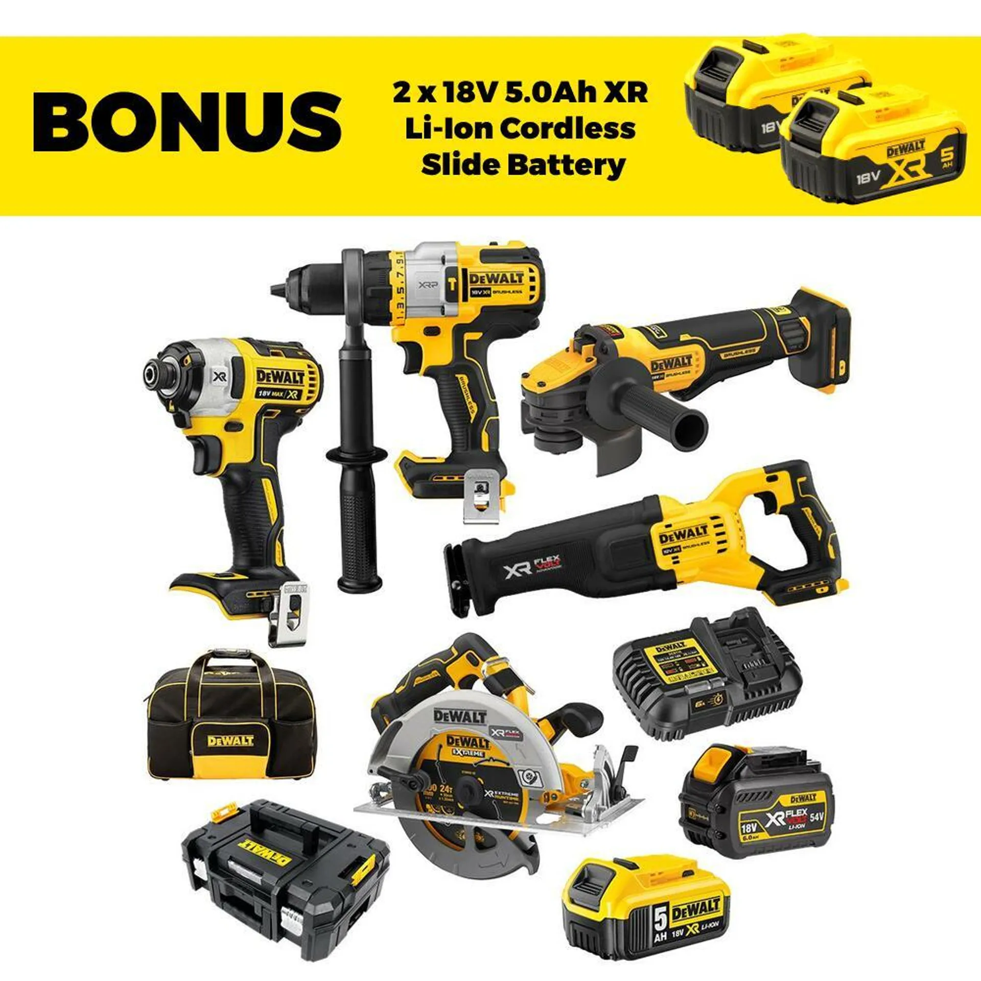 DeWalt DCZ586P1T1T-XE 18V 6.0Ah/5.0Ah FlexVolt Advantage XR Li-Ion Cordless Brushless 5pce Combo Kit