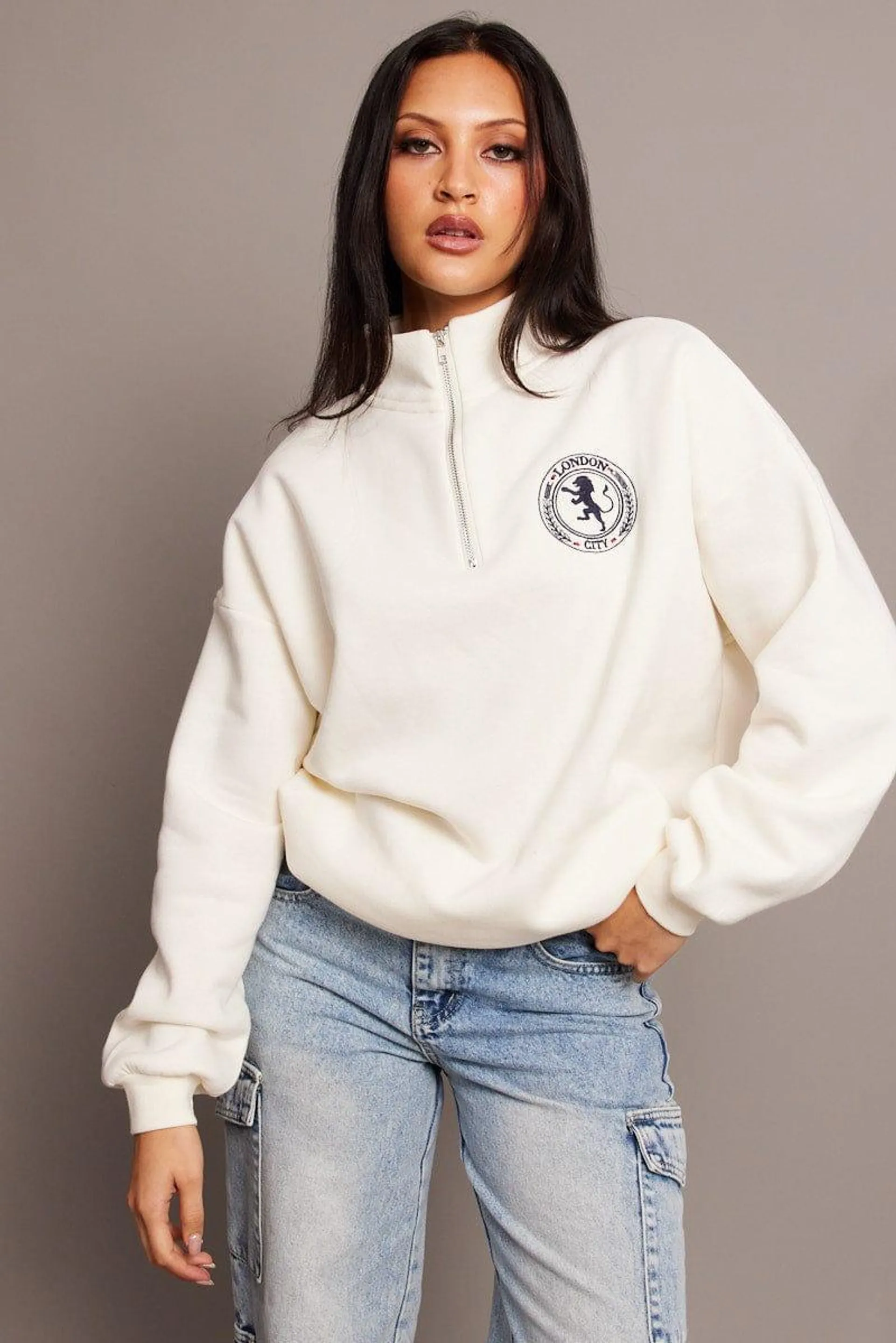 White Zip Sweater Funnel Neck Oversized