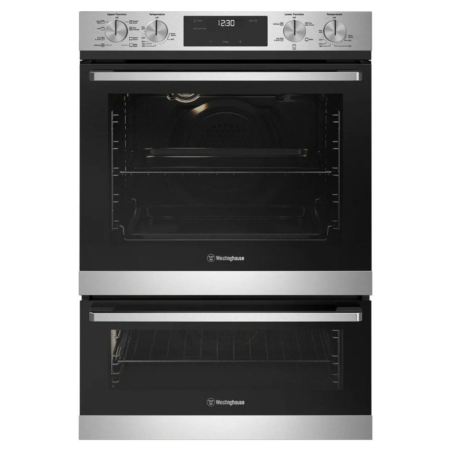 Westinghouse 60cm multi-function 8/5 stainless steel duo oven with fast heat up, programmable timer, and 80L/46L WVE6525SD