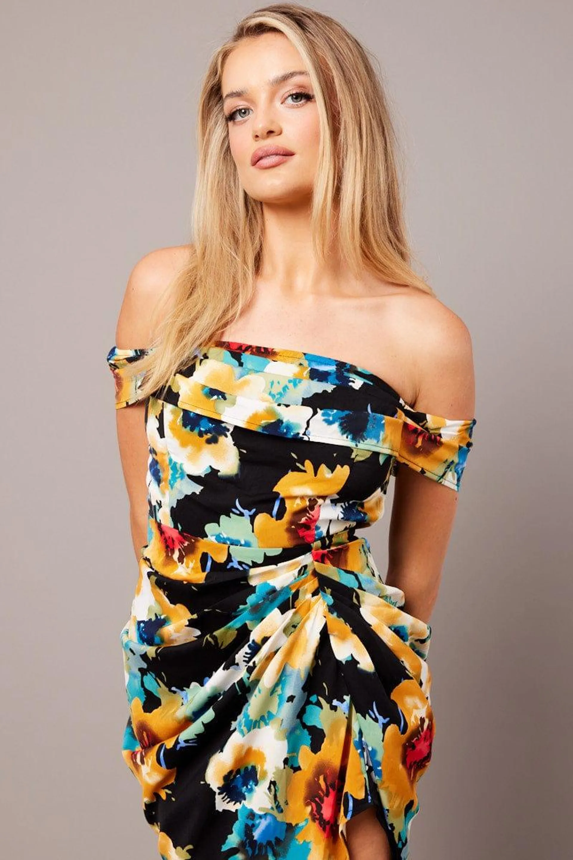 Black Floral Bardot Midi Dress Draped Off Shoulder Dress