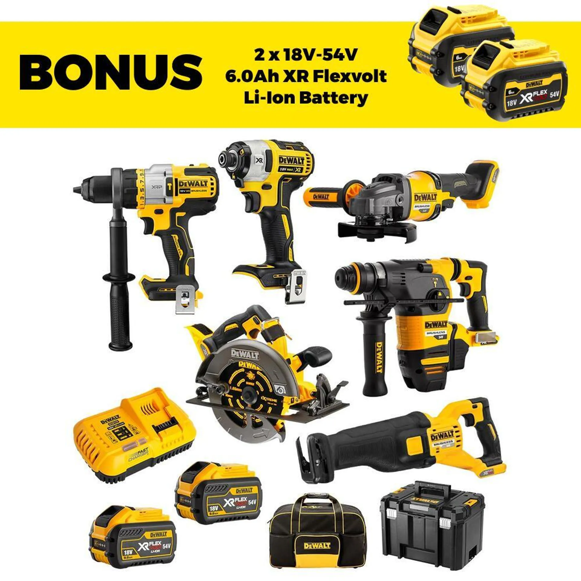 DeWalt DCZ699X2T-XE 18V/54V 9.0Ah FlexVolt XR Li-Ion Cordless Brushless 6pce Combo Kit