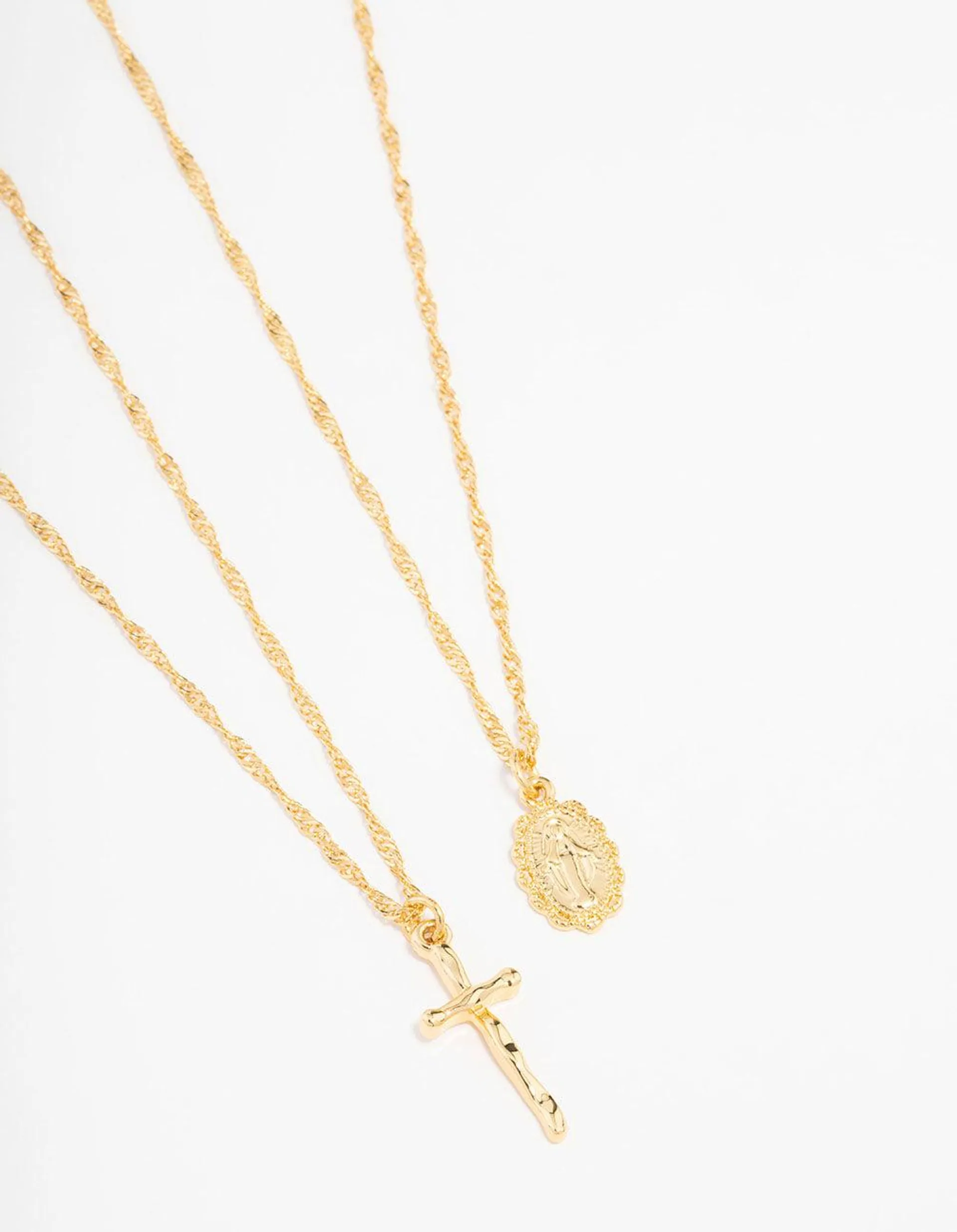 Gold Plated Mary Hammered Cross Necklace 2-Pack