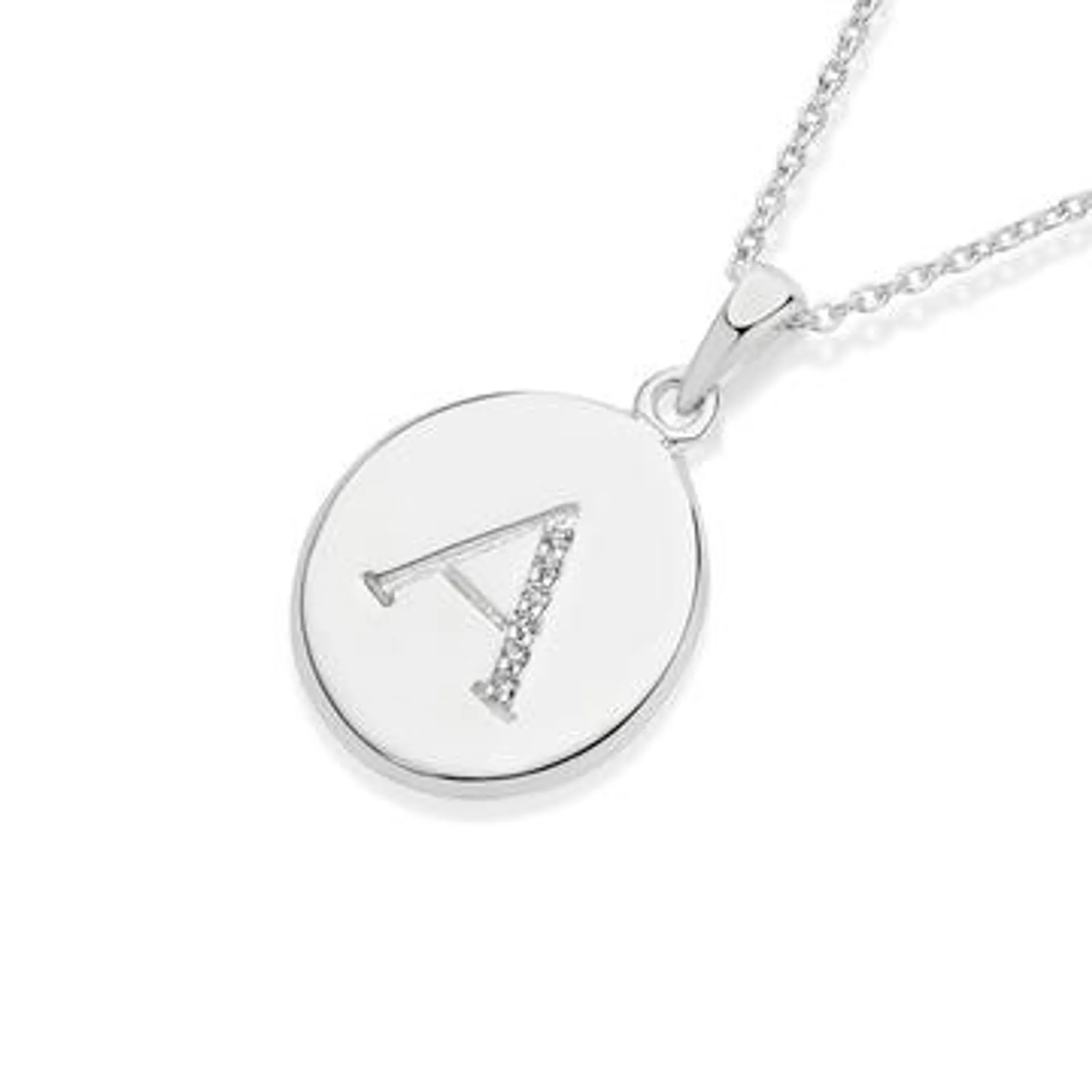 Silver CZ Initial A on Disc Pendant