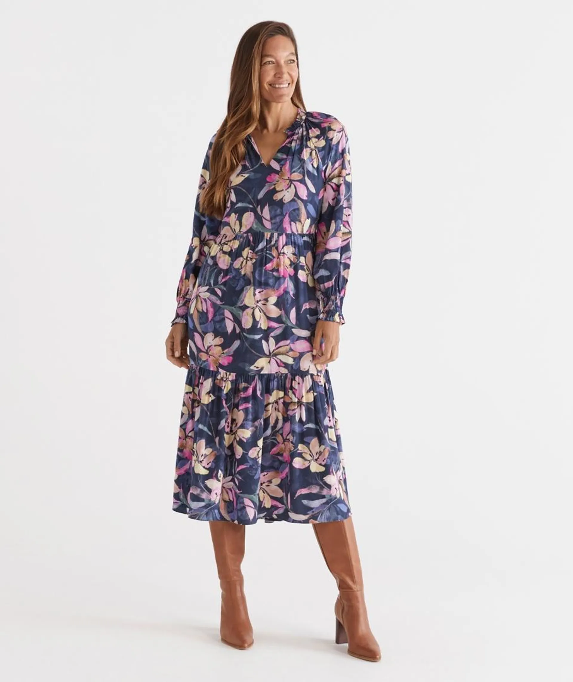 VIBRANT PETAL PRINT MIDI DRESS