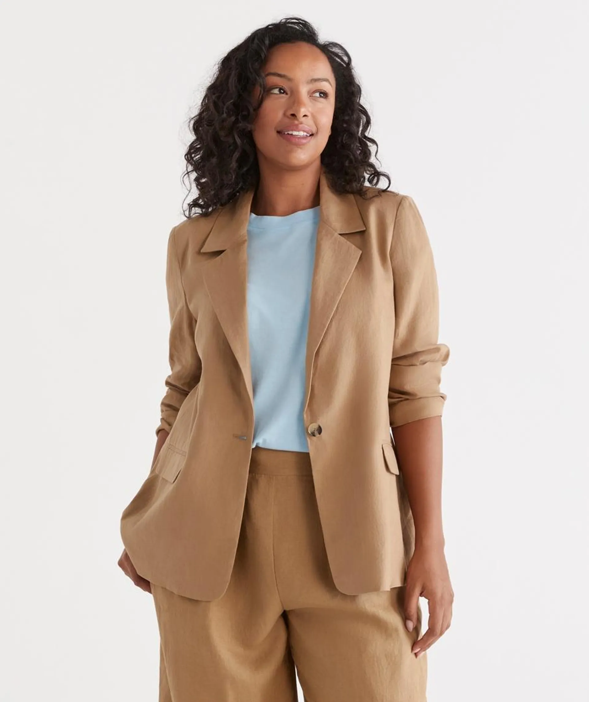 CAMEL SINGLE BREASTED LINEN BLAZER