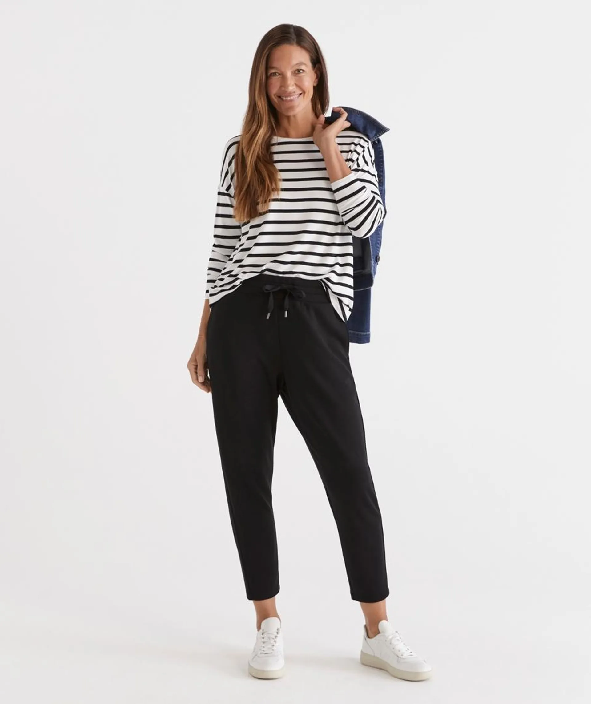 STRIPE LONG SLEEVE PLEAT BACK TOP