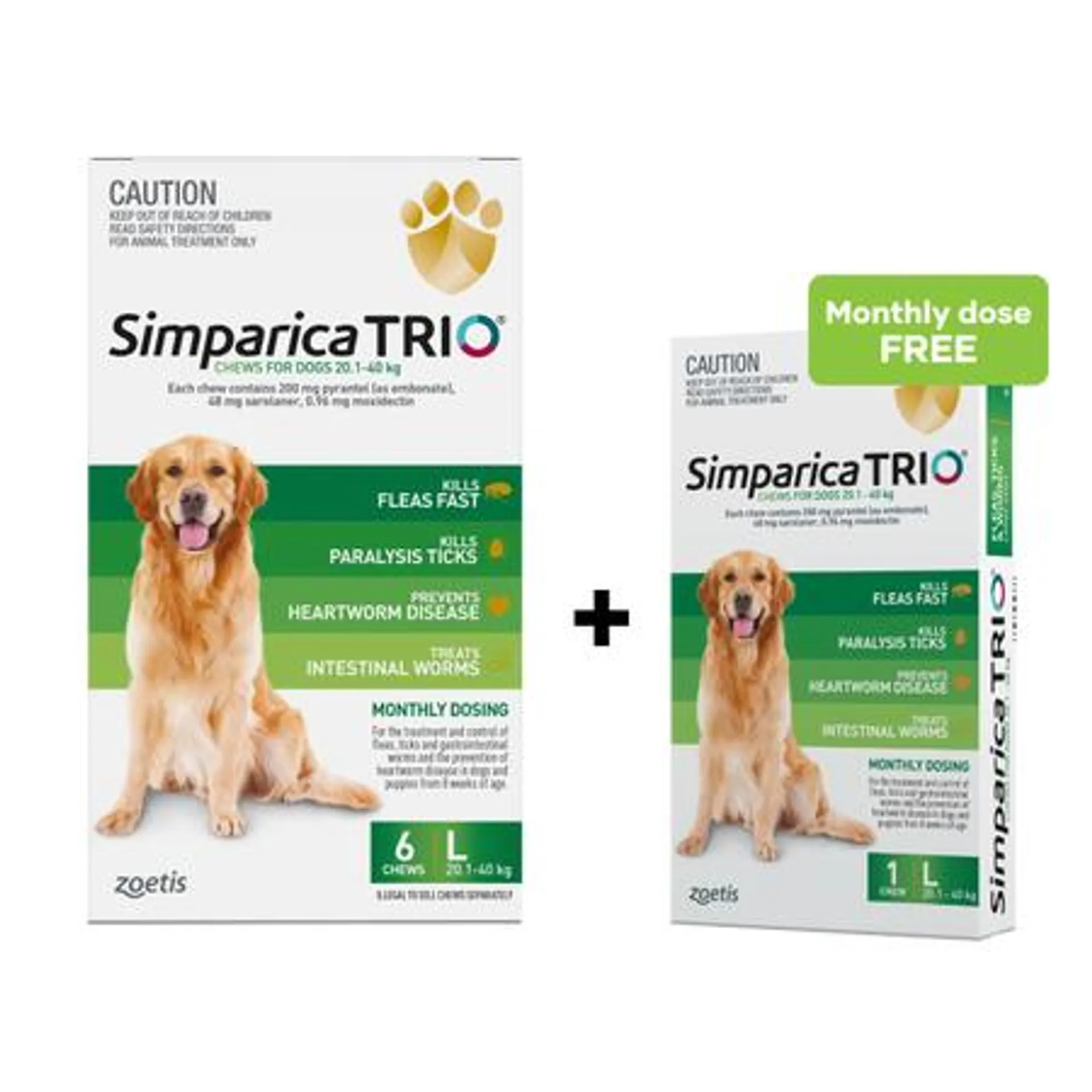 Simparica Trio 20.1-40kg Dog Flea Tick & Worm Chew 6PK + Free 1PK