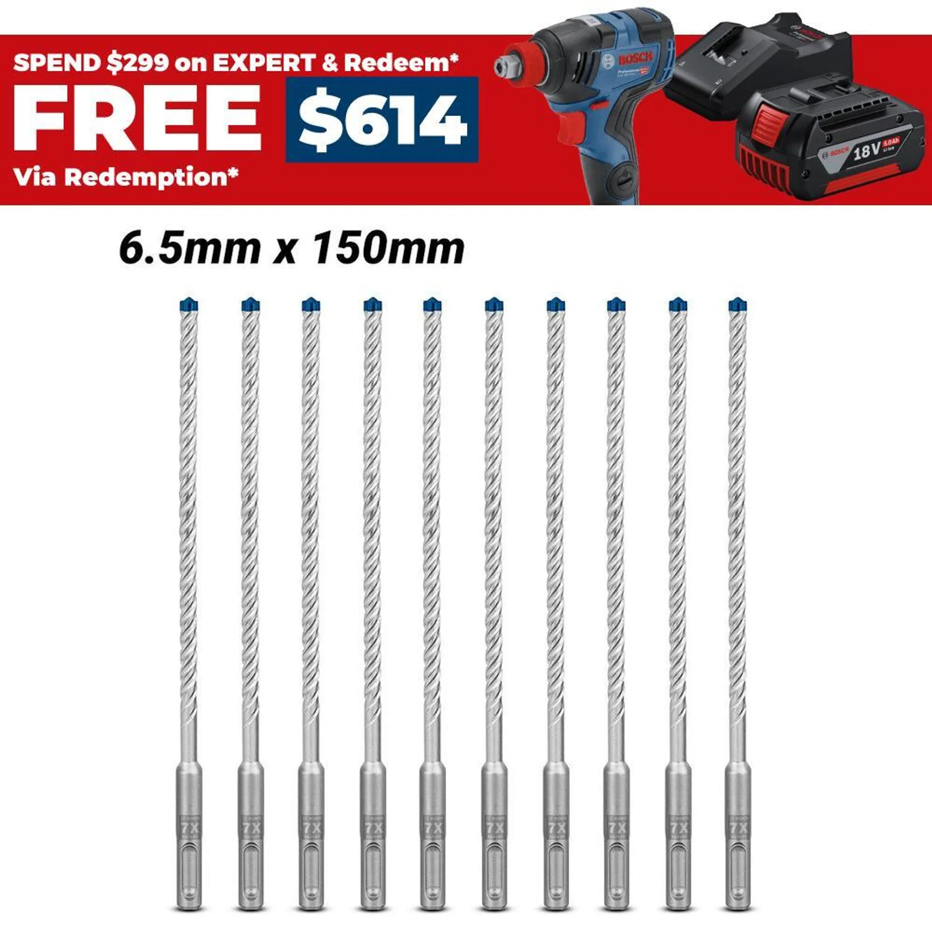 Bosch 2.608.900.164 EXPERT 10-Pack 6.5mm x 150mm x 215mm SDS Plus-7X Hammer Drill Bits