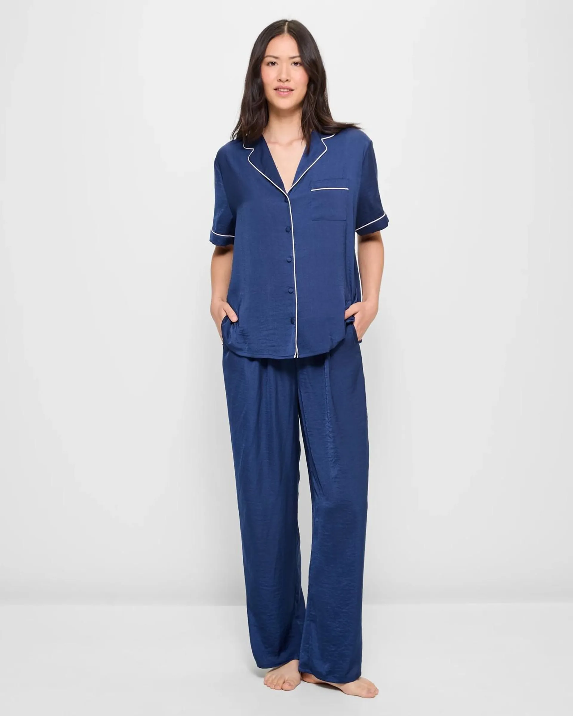 Satin Pyjama Set - Navy Blue