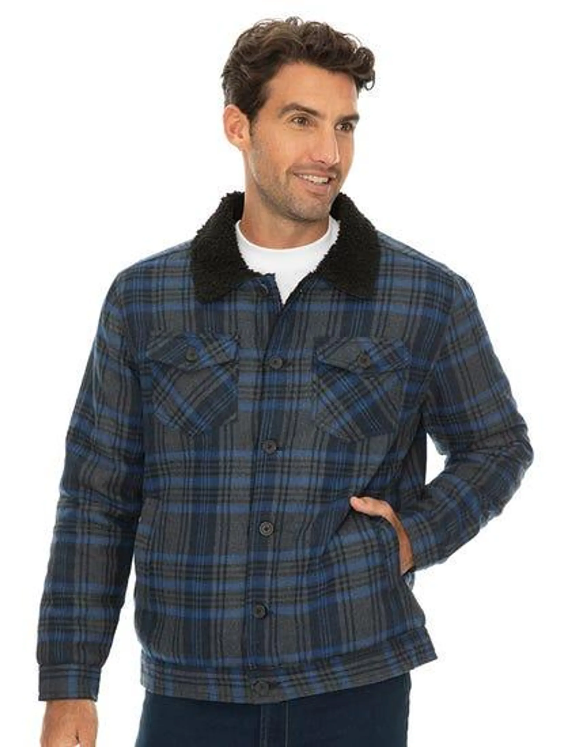 Mens Check Sherpa Lined Button Front Jacket Blue