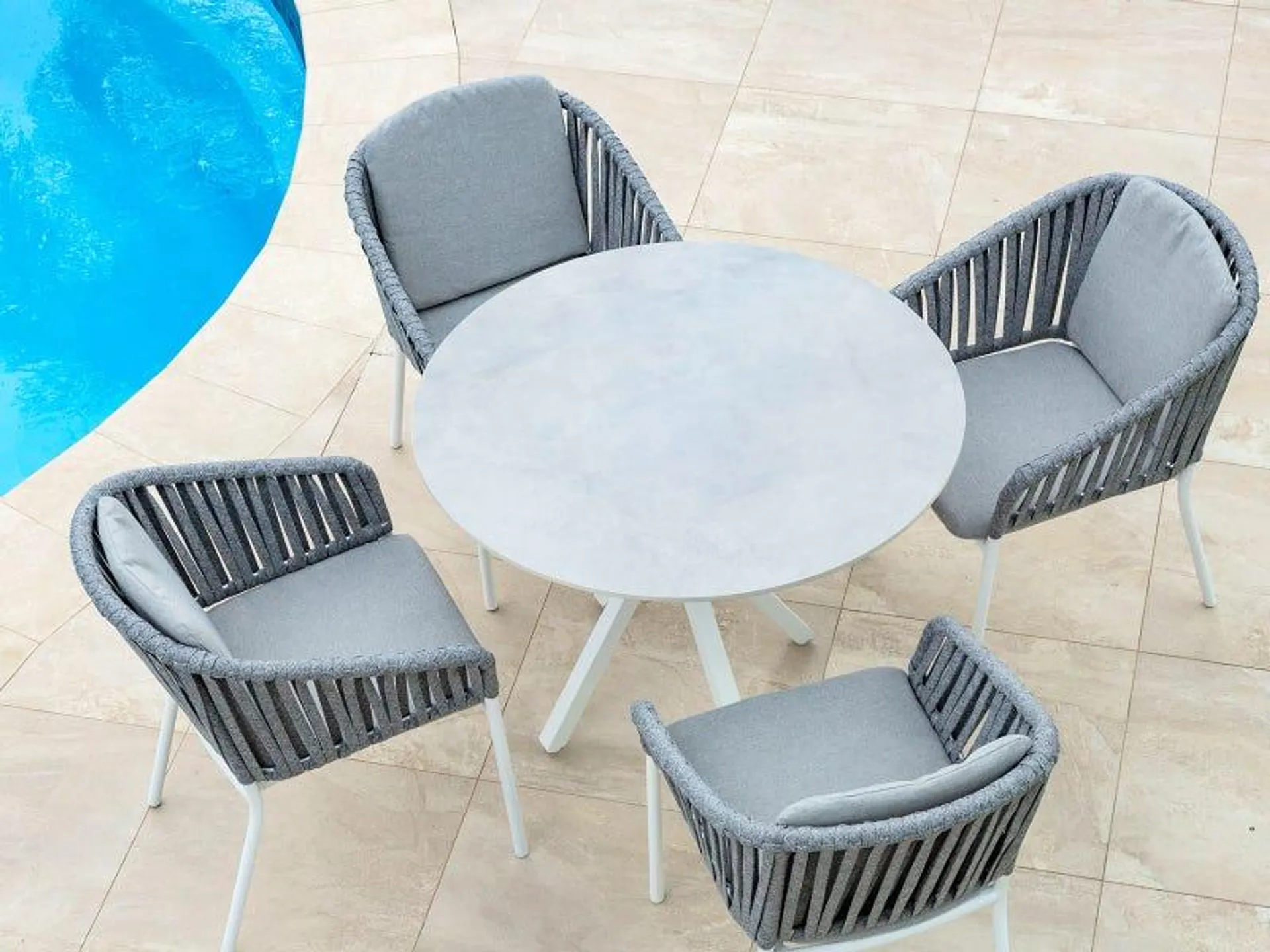 Adele Round Ceramic Table with Melang Chairs 5pc Outdoor Dining Setting