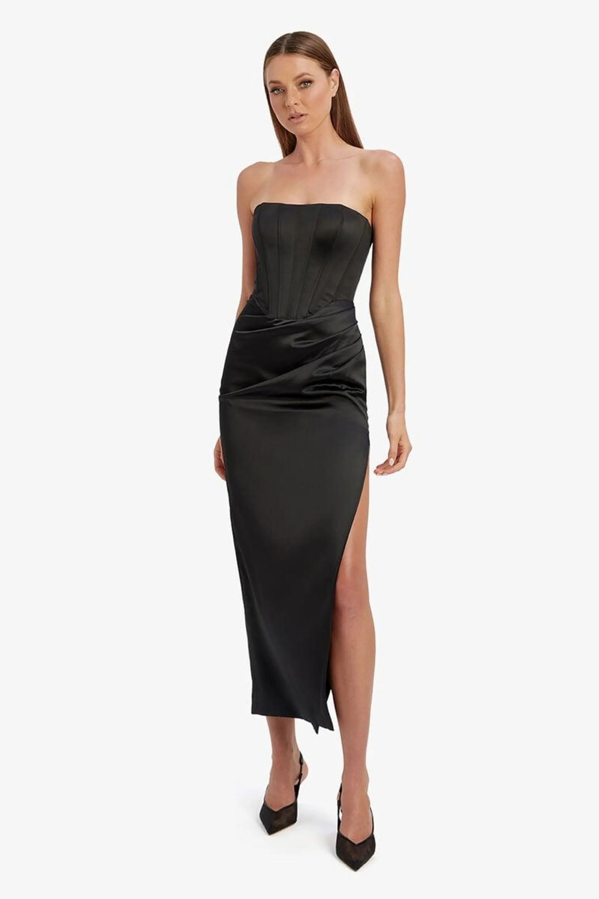 everlasting satin midi dress in black