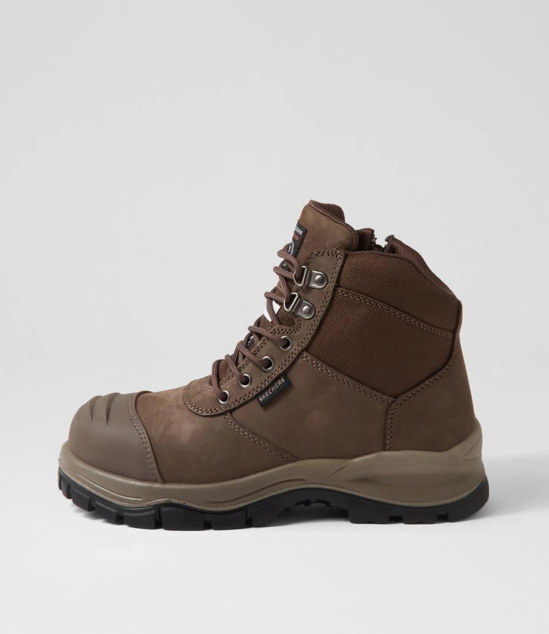 skx work comp toe chocolate leather lace up boots