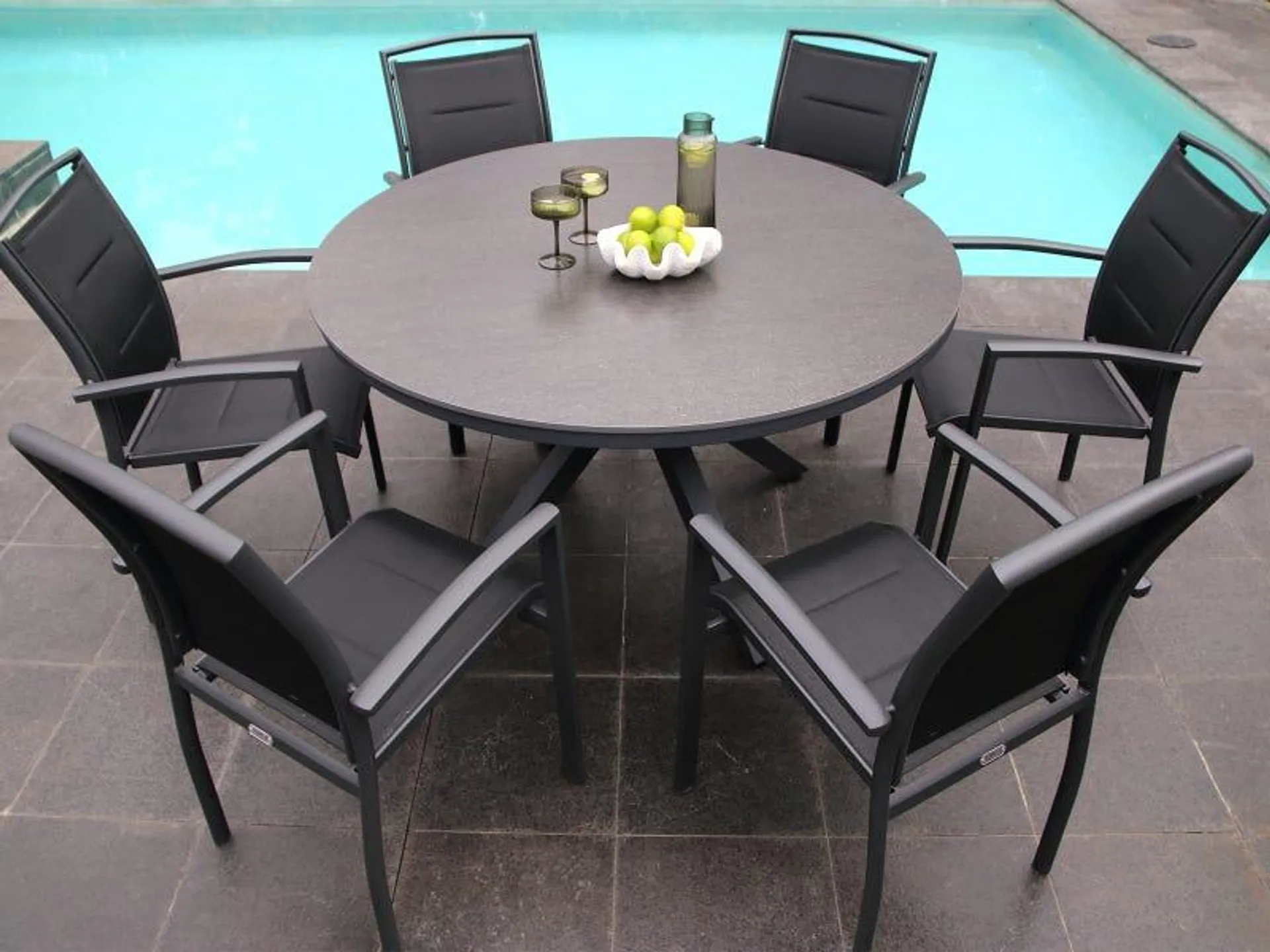 Adele Round Ceramic Table with Verde Chairs 7pc Outdoor Dining Setting