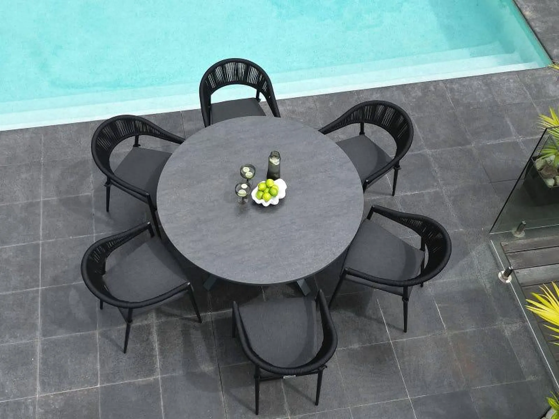 Adele Round Ceramic Table with Nivala Chairs 7pc Outdoor Dining Setting