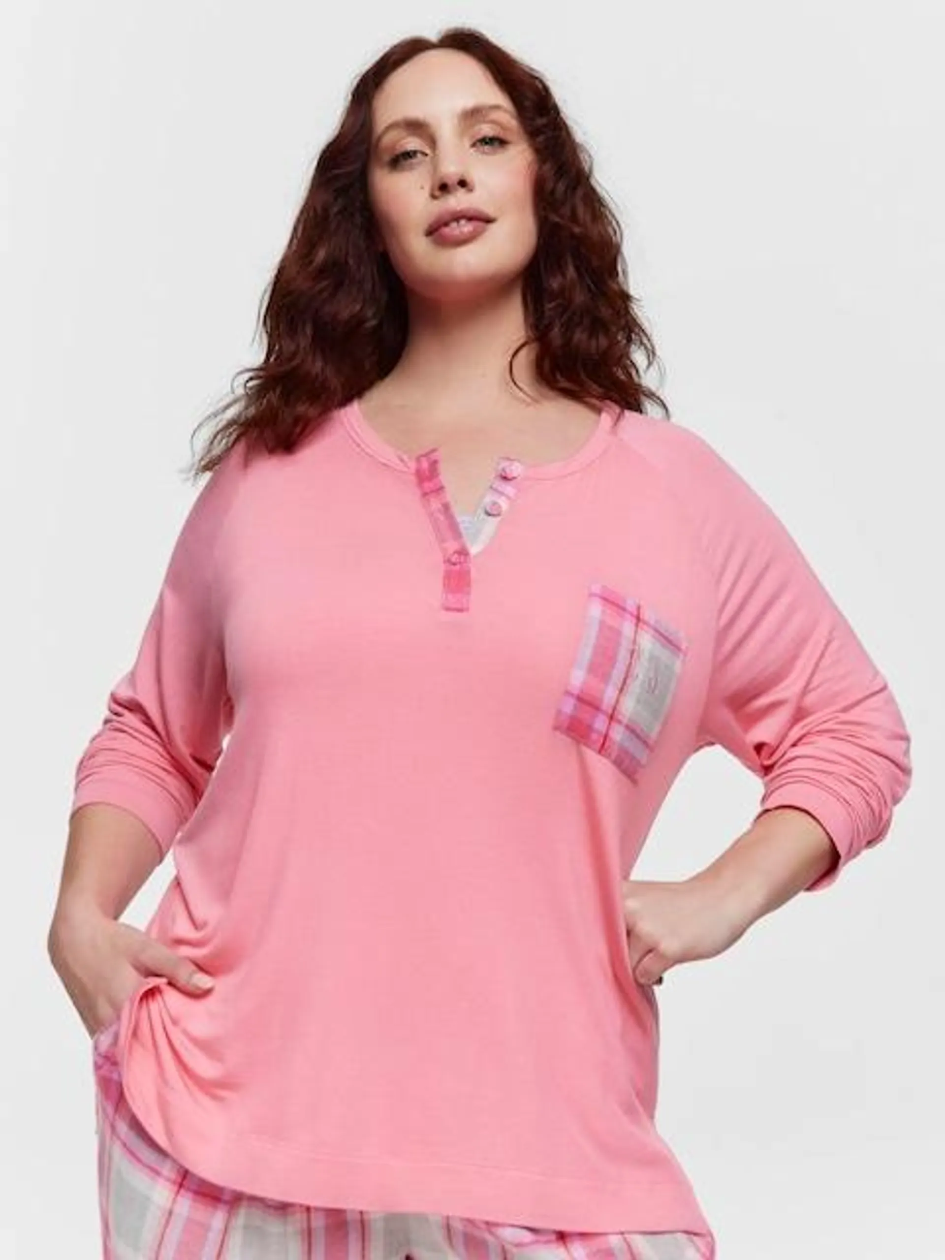 P.A. Plus Pink Check Henley Top