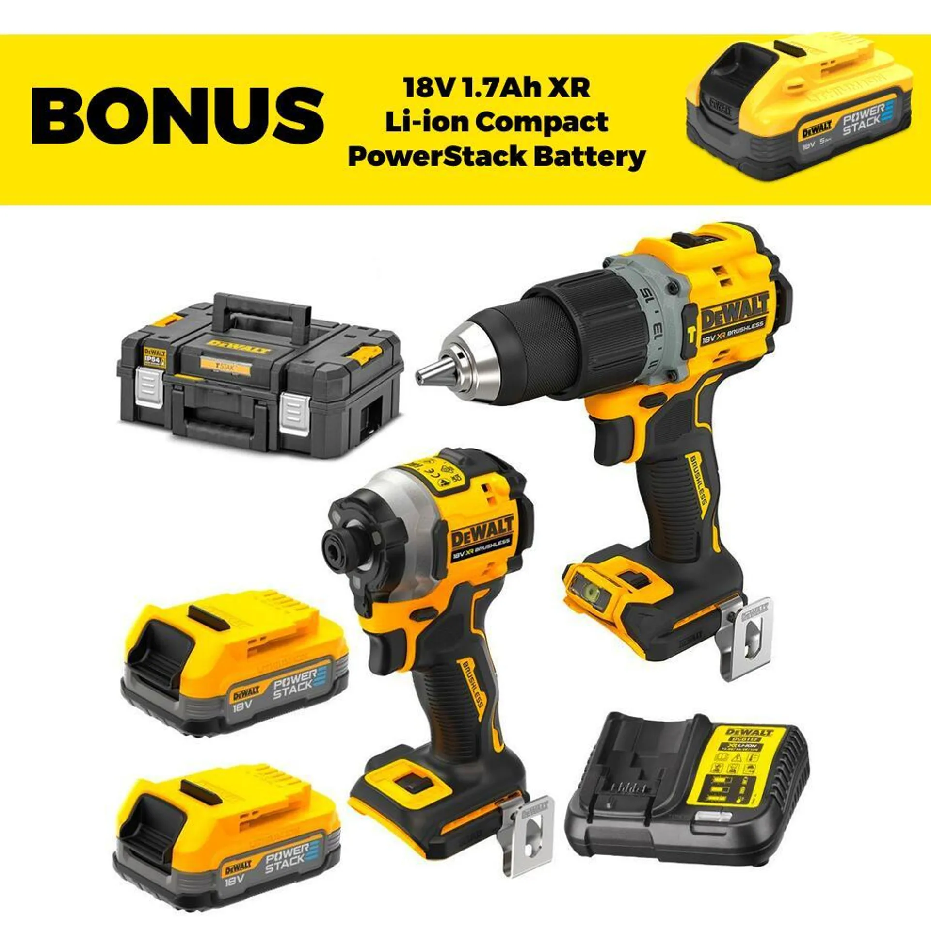 DeWalt DCK2050E2T-XE 18V 1.7Ah XR Li-ion Cordless Brushless 2pce PowerStack Combo Kit