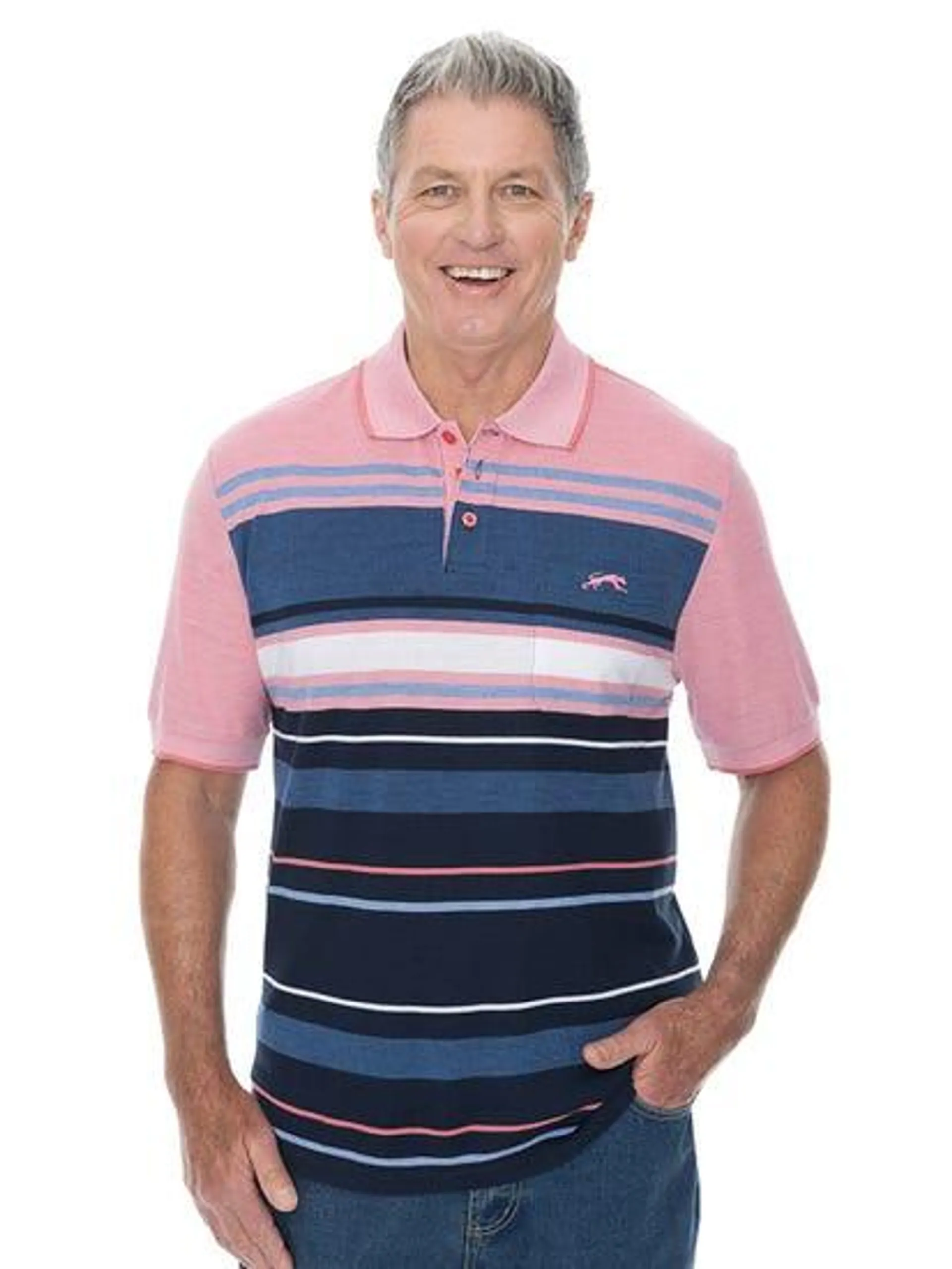 Mens Pink & Blue Stripe Polo With Chest Pocket