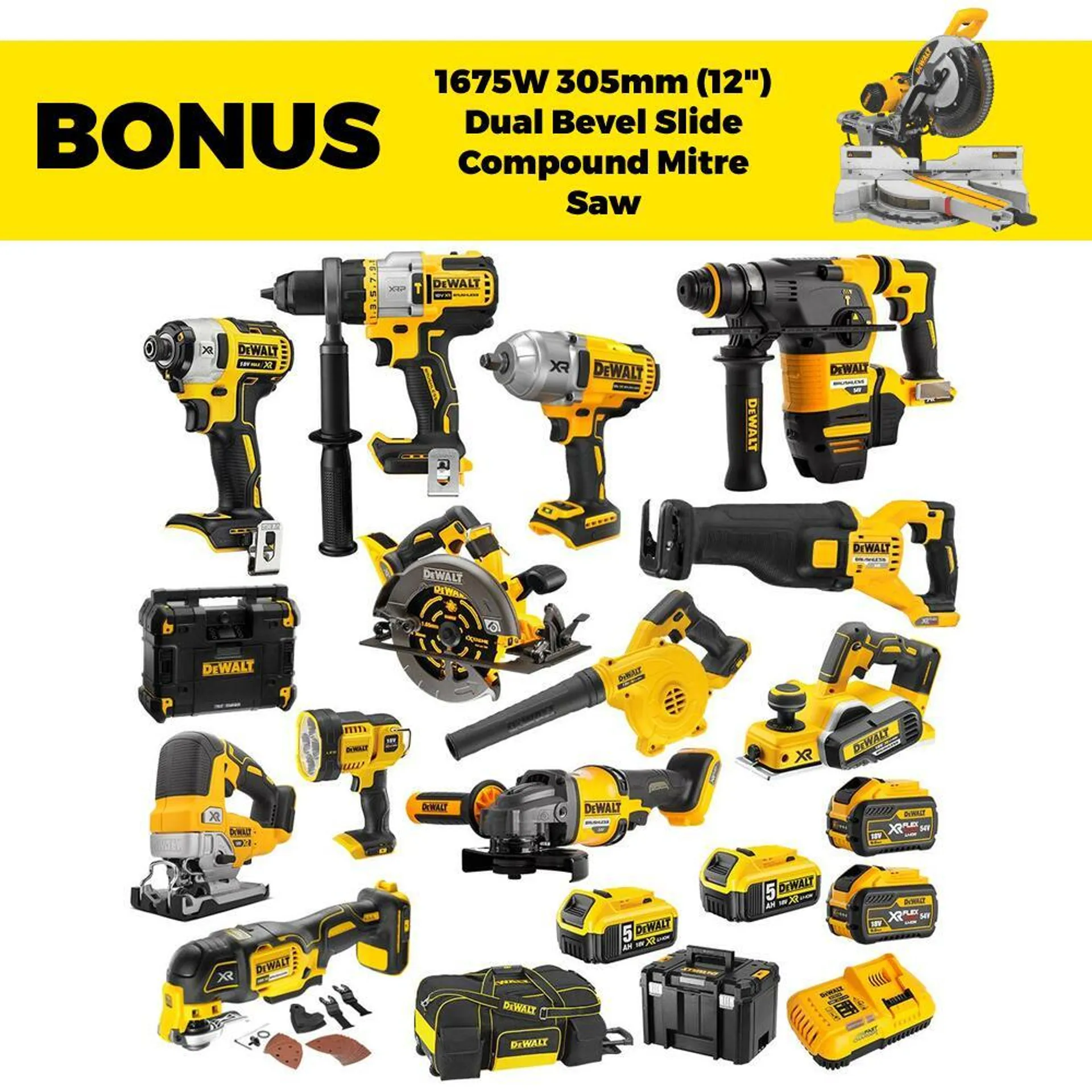 DeWalt DCZ1399P2X2-XE 18V/54V 9.0Ah/5.0Ah FlexVolt XR Li-Ion Cordless 13pce Combo Kit Including Brushless