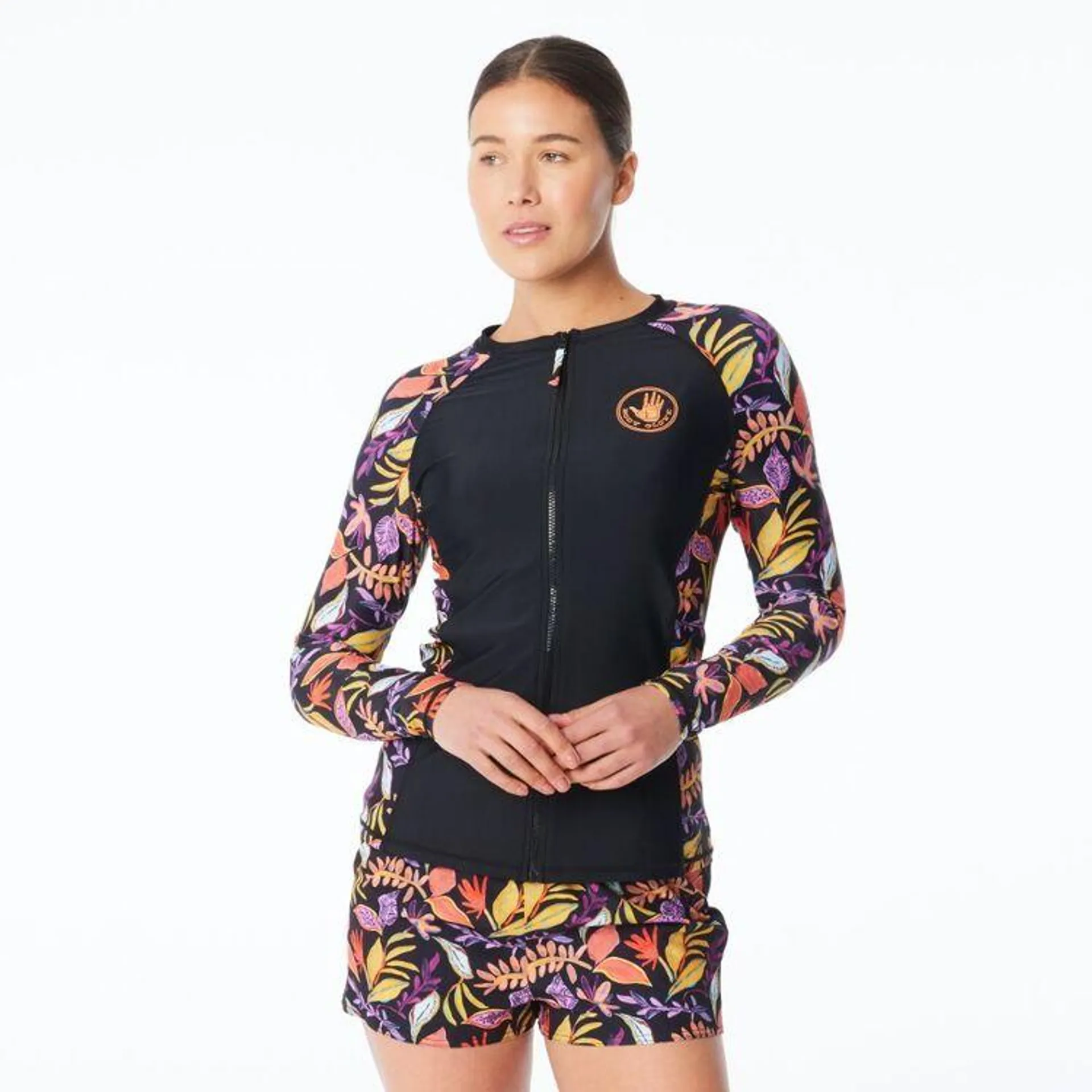 Body Glove Women's Tropic Leaves Full Zip Long Sleeve Rash Vest Black Print